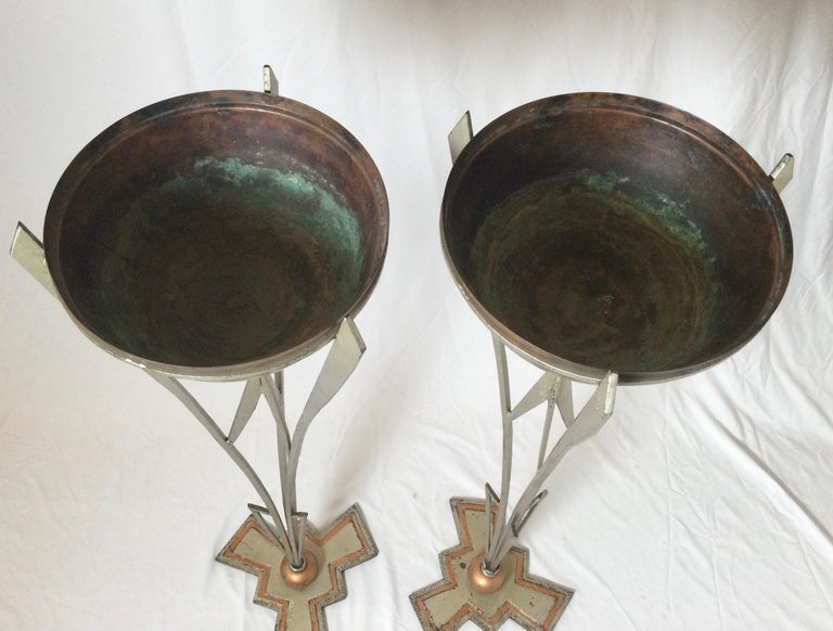 American Pair of Art Deco Iron and Copper Plant Stands Attributed to Warren MacArthur For Sale