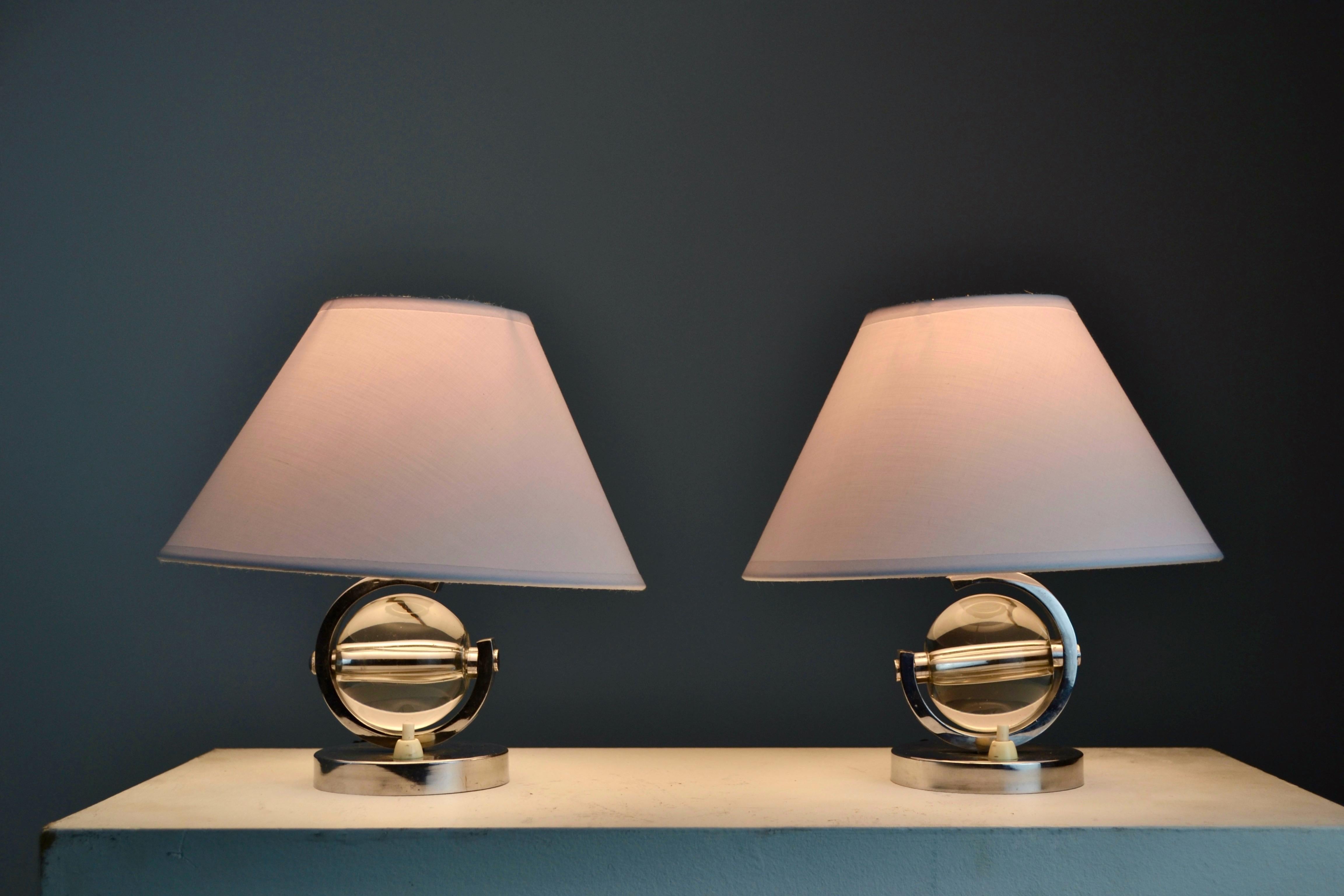 A Pair of Art Deco Lamps – Nickel-Plated Steel and Crystal – France - 1930 For Sale 1