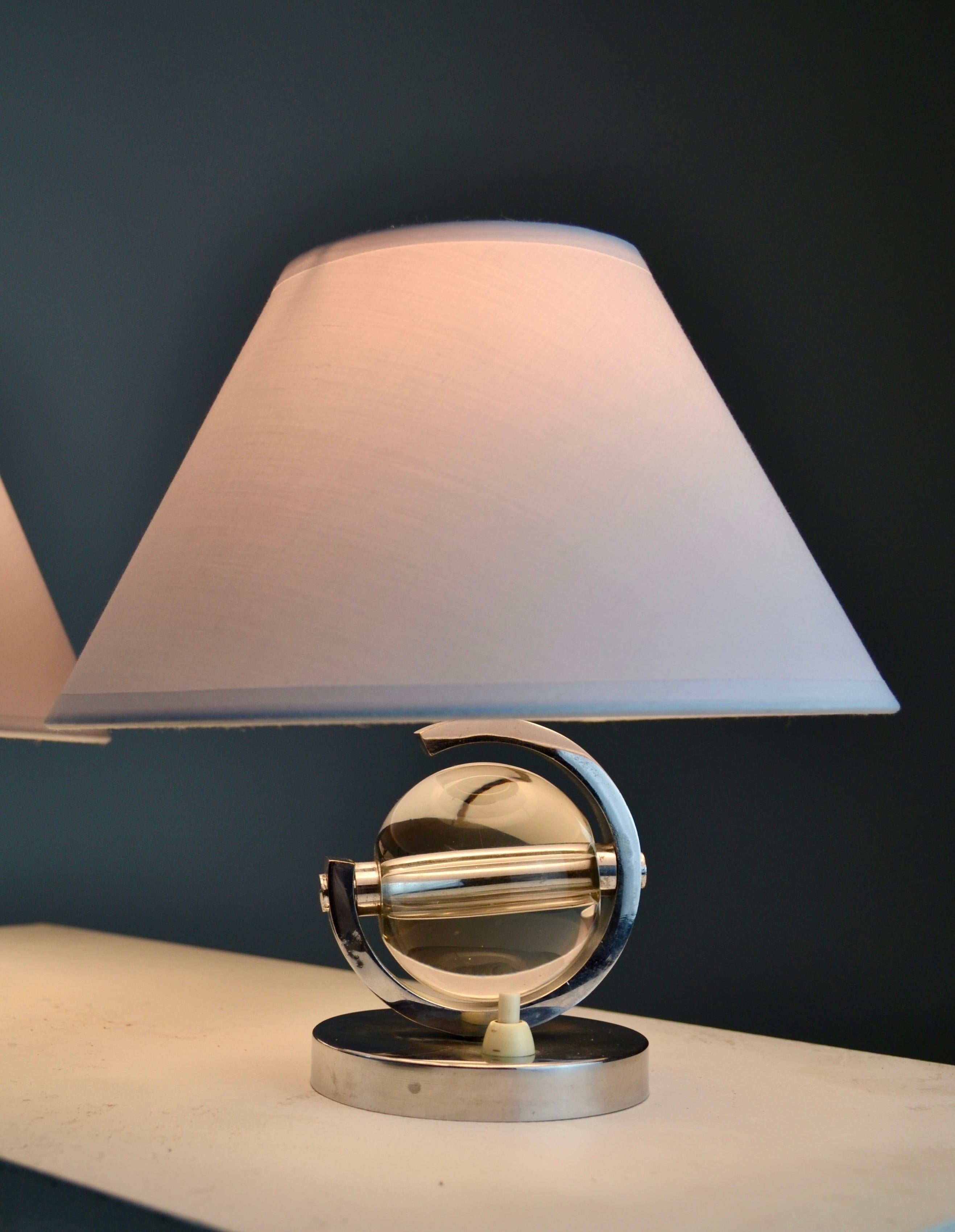 French A Pair of Art Deco Lamps – Nickel-Plated Steel and Crystal – France - 1930 For Sale