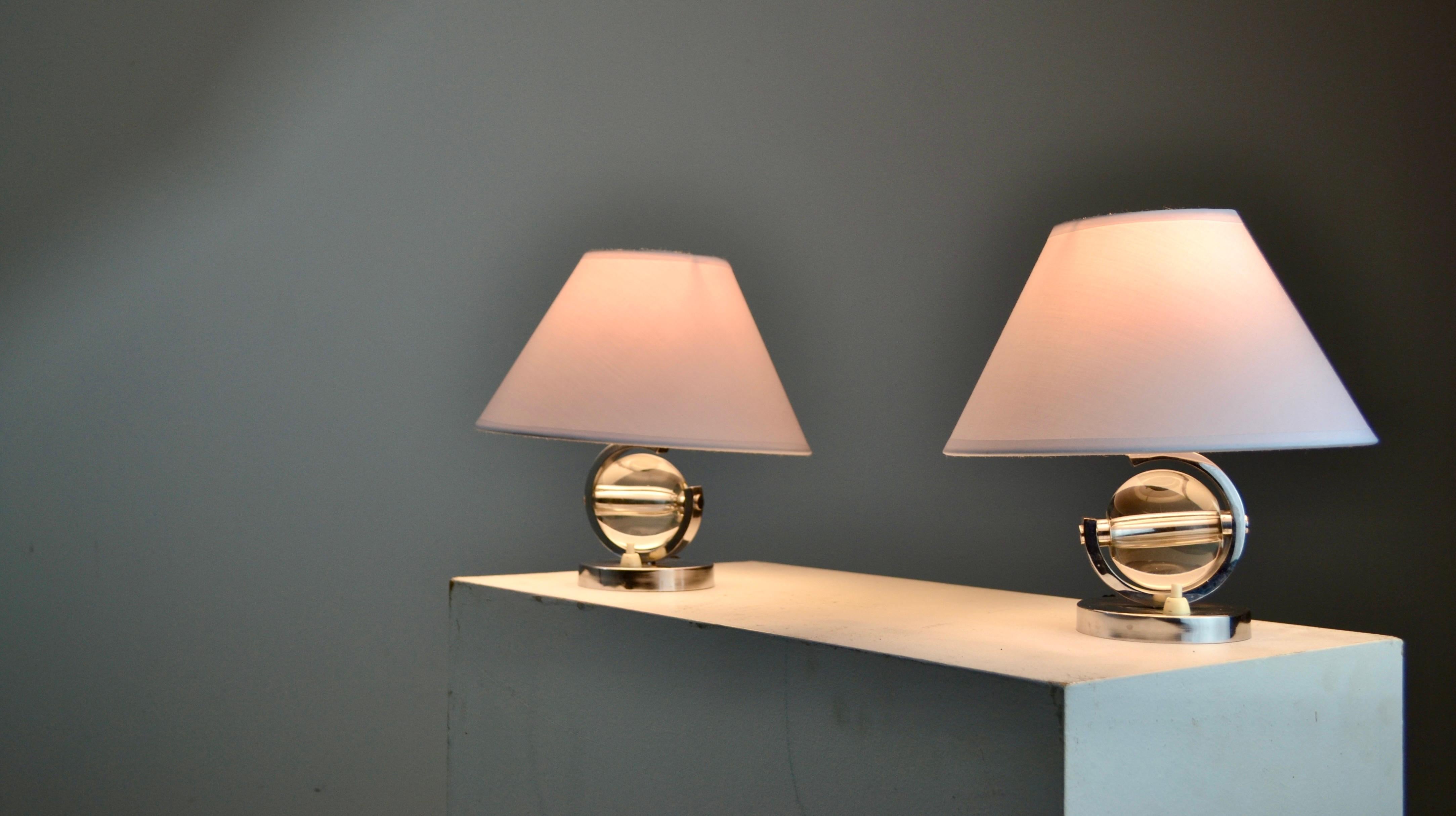 A Pair of Art Deco Lamps – Nickel-Plated Steel and Crystal – France - 1930 For Sale 2