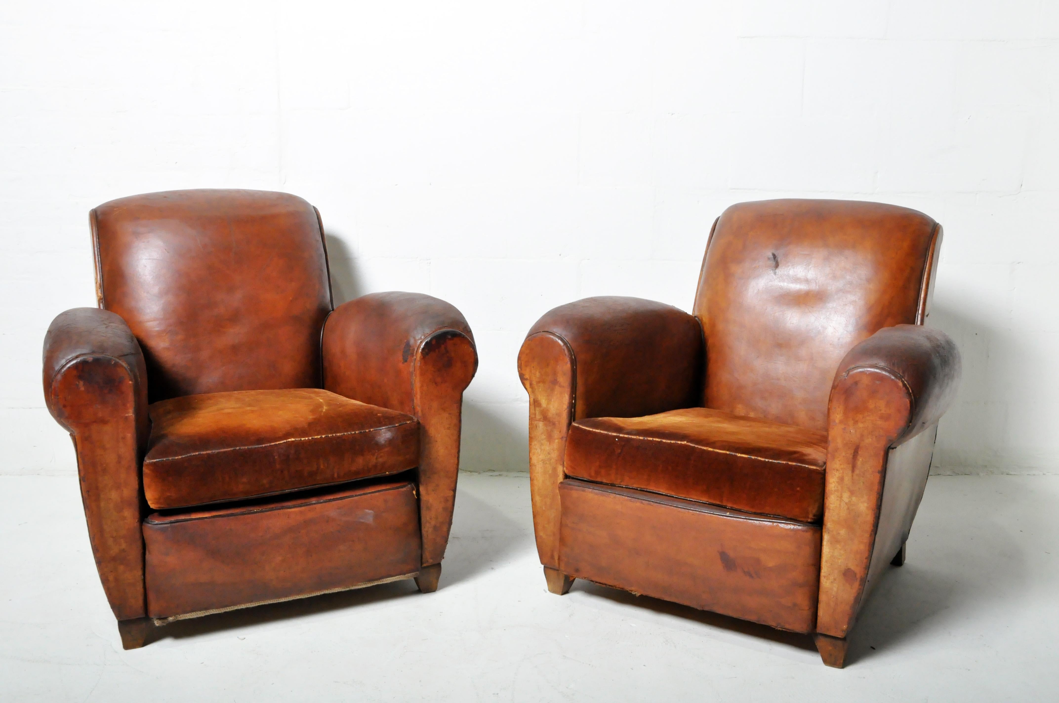 French Pair of Art Deco Leather Club Chairs