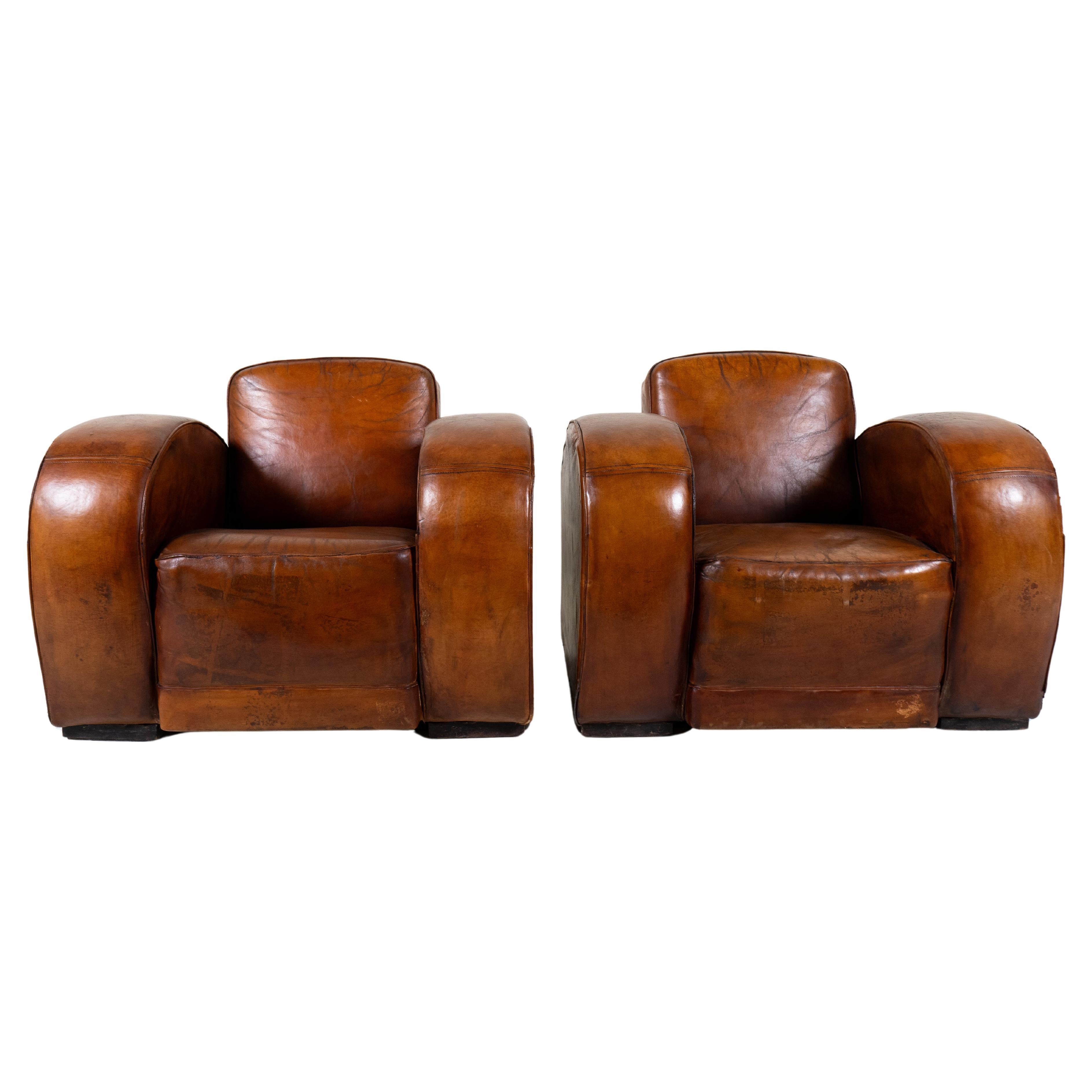 A Pair of Art Deco Leather Club Chairs, France c.1930 For Sale