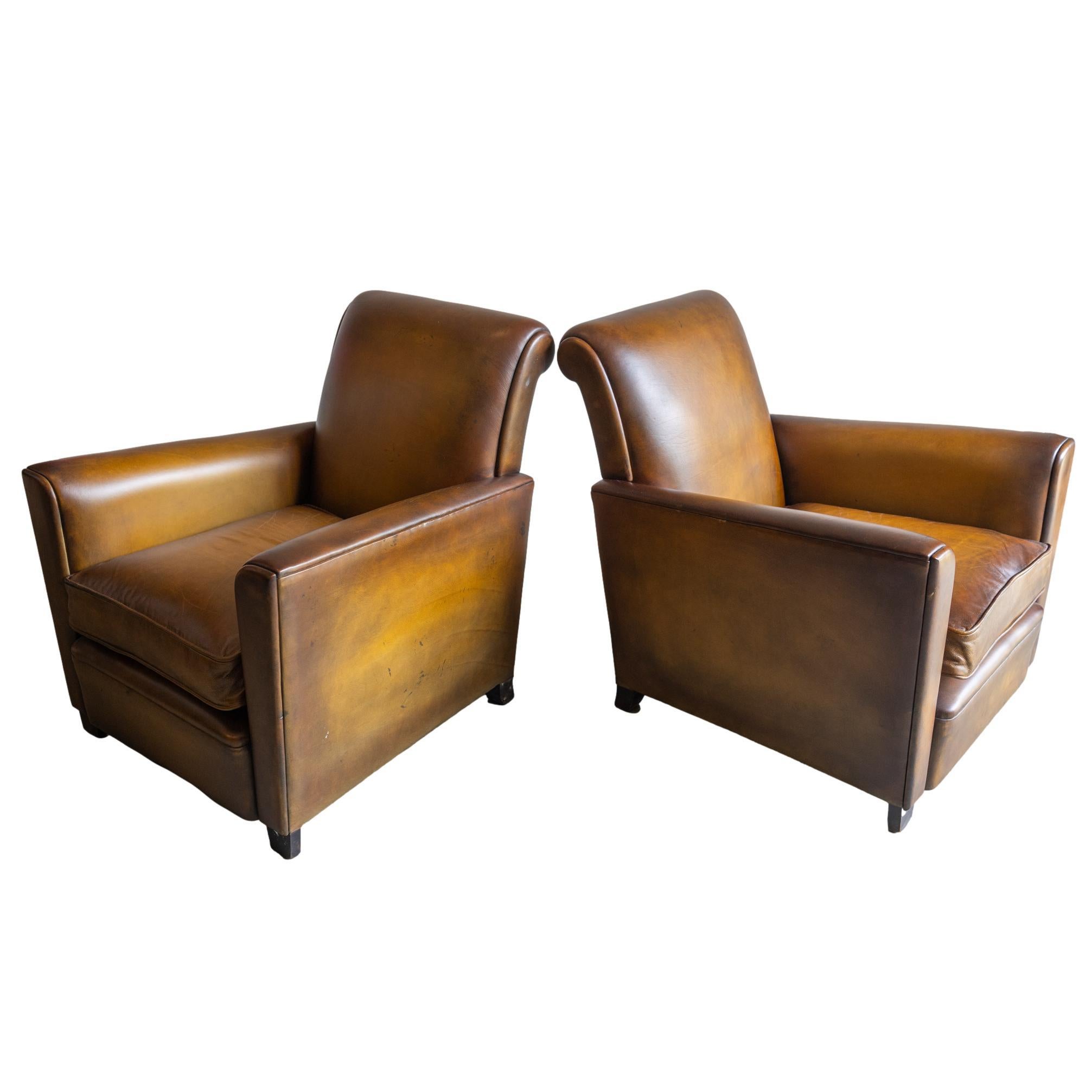 A Pair of Art Deco Leather Club Chairs, French, ca. 1935 In Good Condition For Sale In Banner Elk, NC
