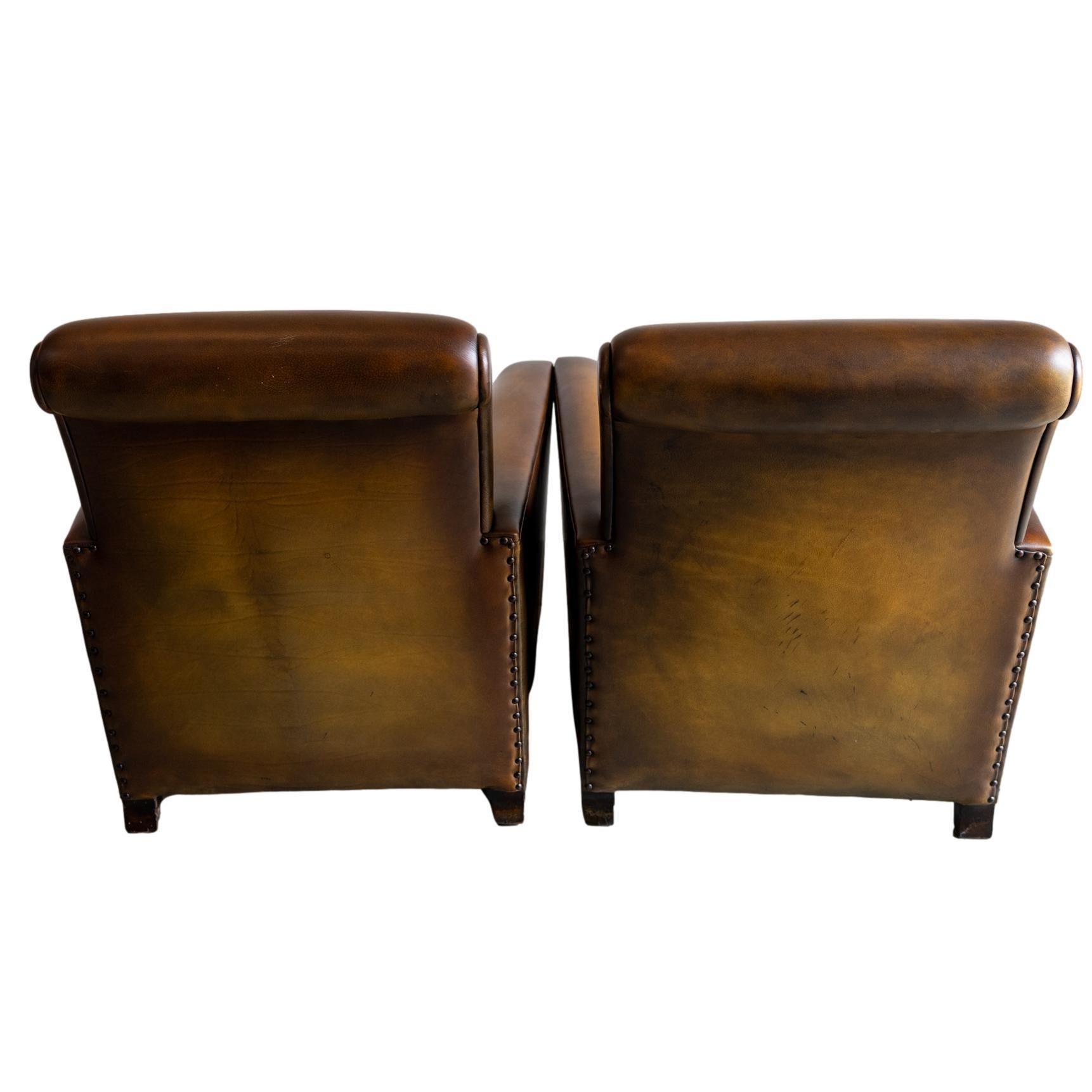 Milieu du XXe siècle Paire de fauteuils club en cuir Art Déco, français, vers 1935 en vente