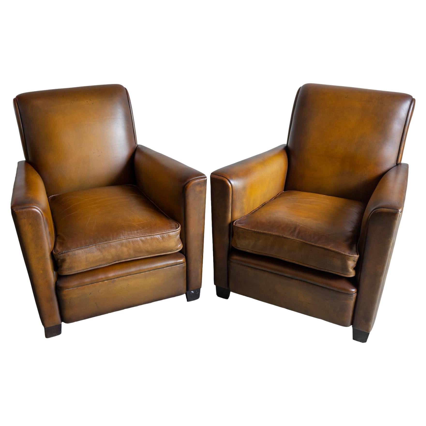 A Pair of Art Deco Leather Club Chairs, French, ca. 1935 For Sale