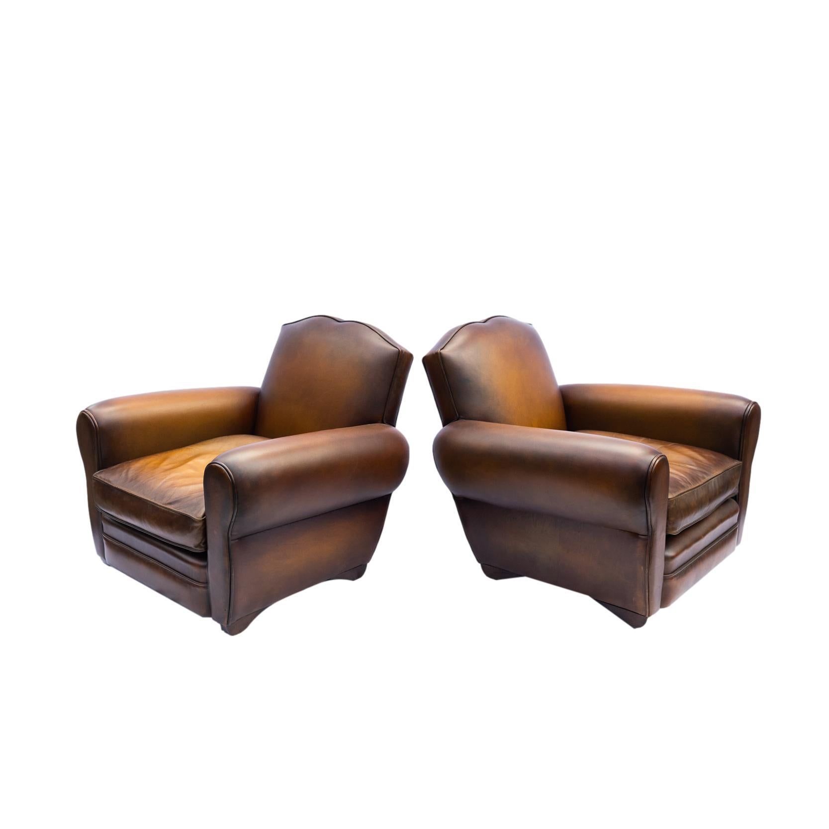 Pair of Art Deco Leather Club Chairs with Mustache Backs, French, ca. 1935 4
