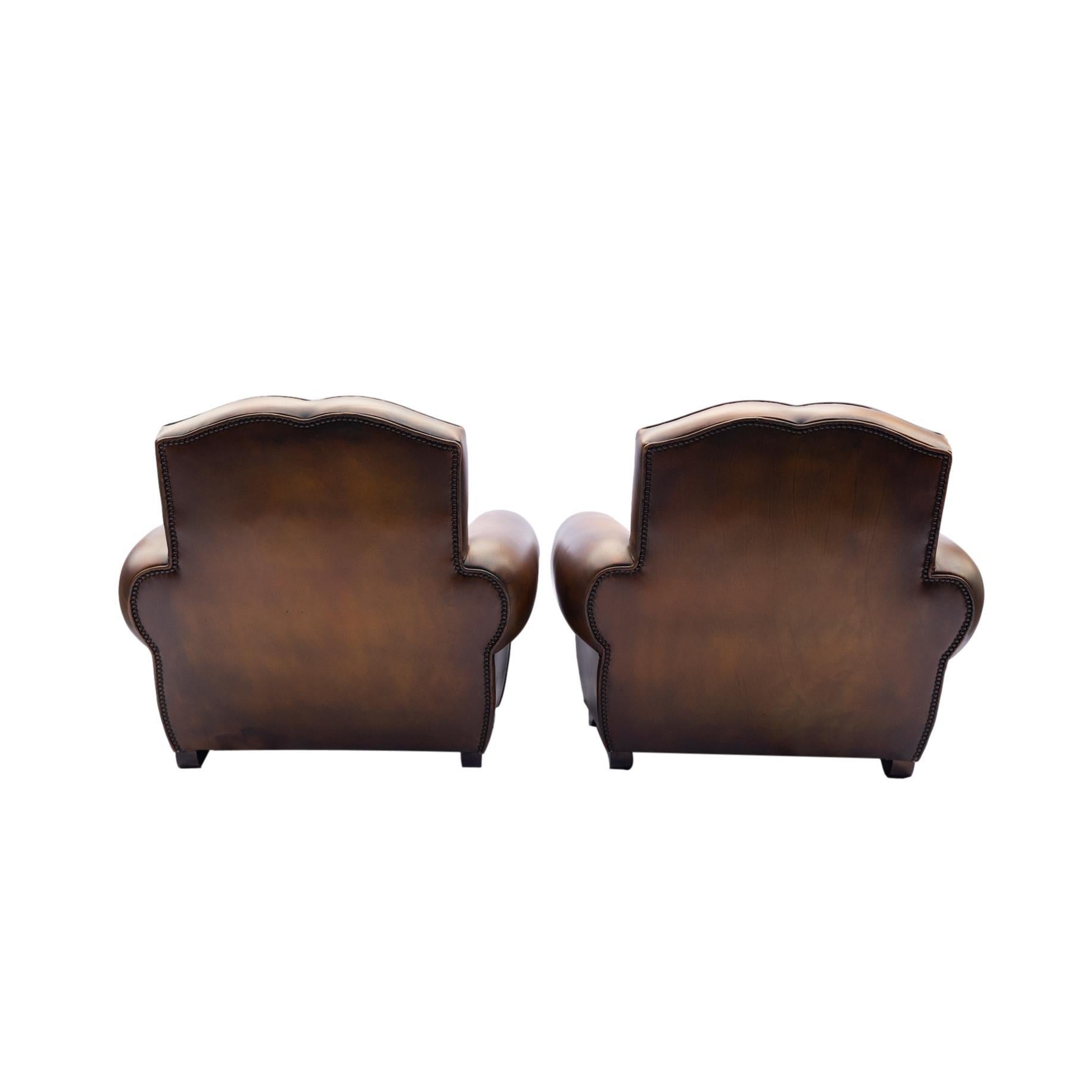 Oak Pair of Art Deco Leather Club Chairs with Mustache Backs, French, ca. 1935