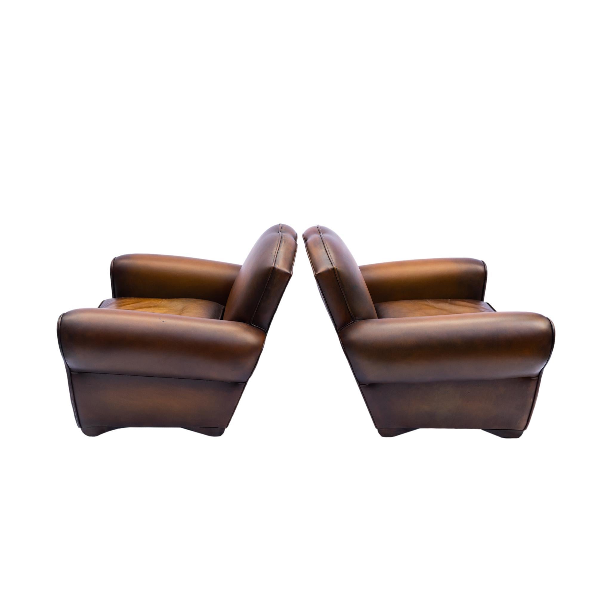Pair of Art Deco Leather Club Chairs with Mustache Backs, French, ca. 1935 2