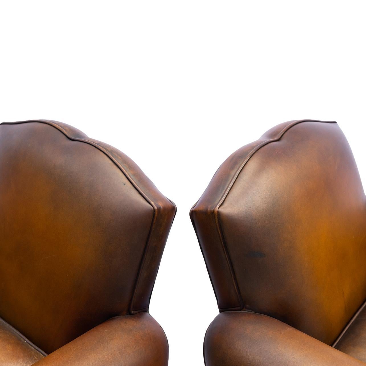 Pair of Art Deco Leather Club Chairs with Mustache Backs, French, ca. 1935 3