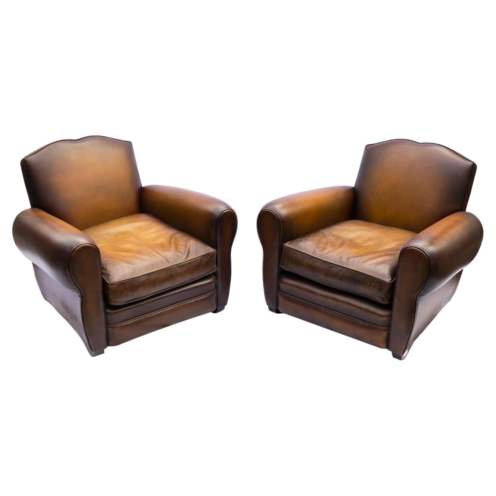 Pair of Art Deco Leather Club Chairs with Mustache Backs, French, ca. 1935