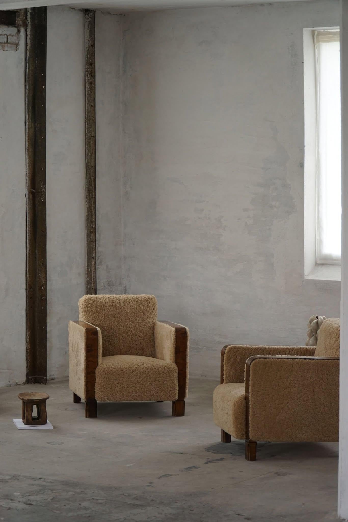 A Pair of Art Deco Lounge Chairs in Birch & Lambswool, Swedish Grace, 1930s 8
