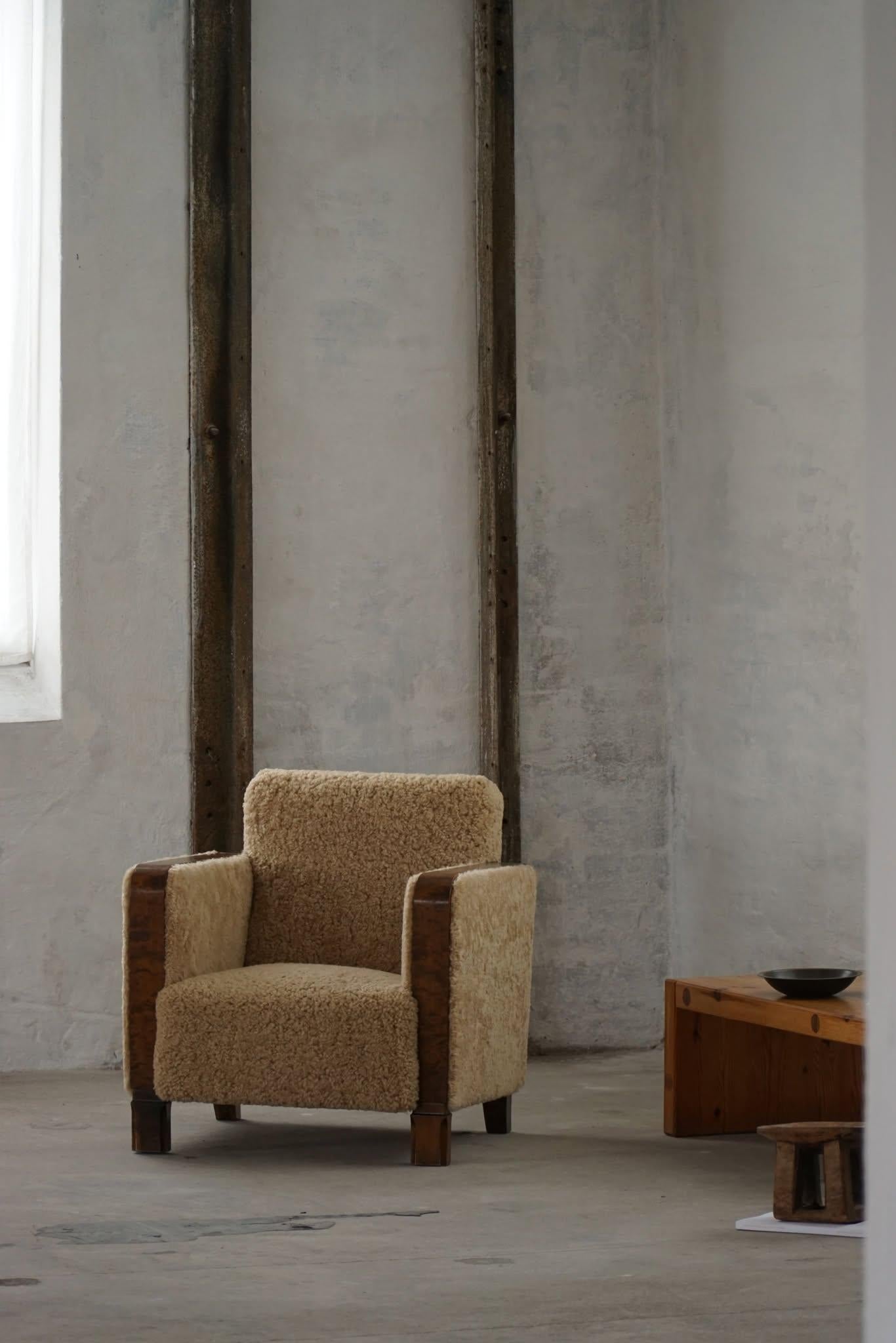 A Pair of Art Deco Lounge Chairs in Birch & Lambswool, Swedish Grace, 1930s 12
