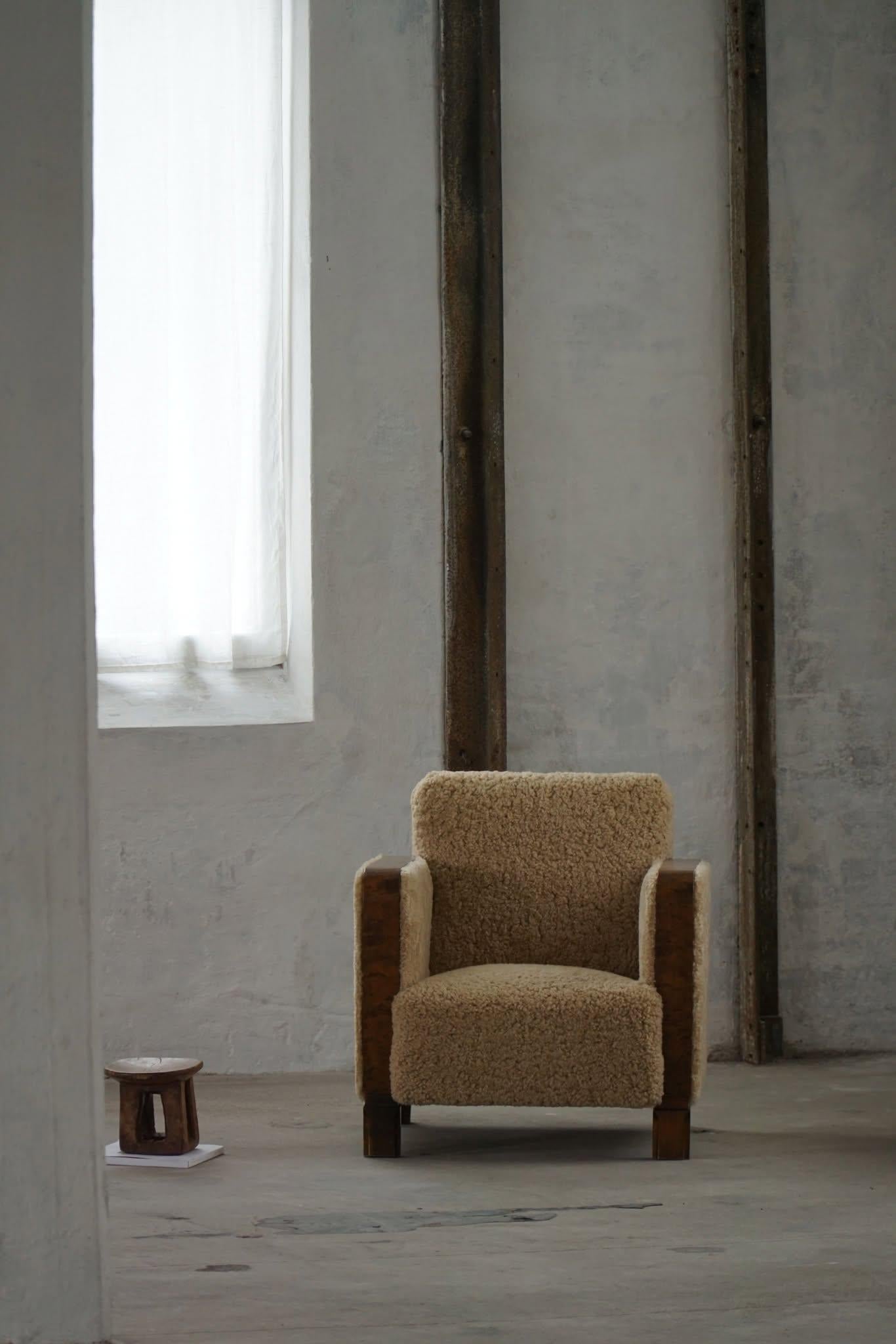 Mid-Century Modern A Pair of Art Deco Lounge Chairs in Birch & Lambswool, Swedish Grace, 1930s