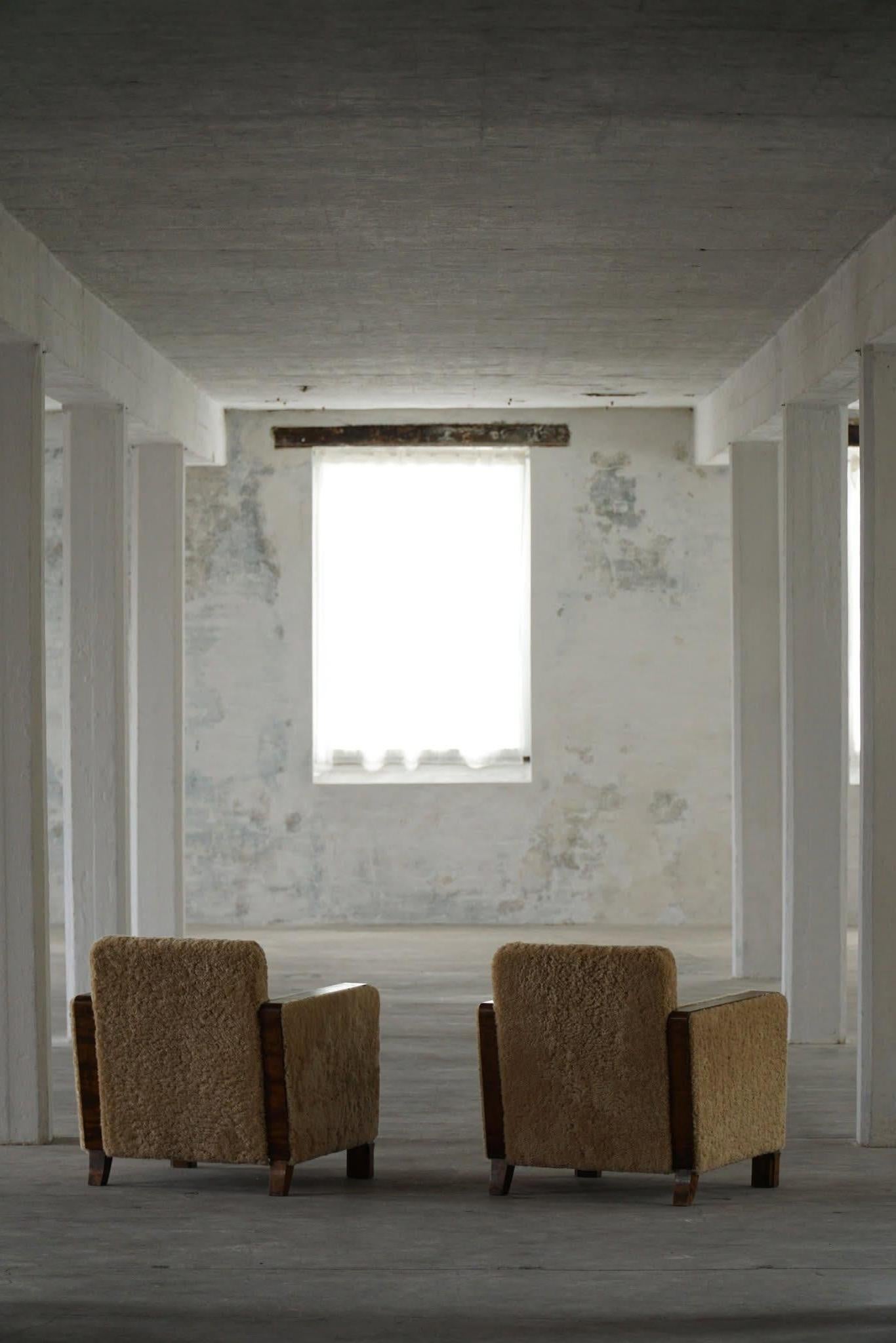 20th Century A Pair of Art Deco Lounge Chairs in Birch & Lambswool, Swedish Grace, 1930s