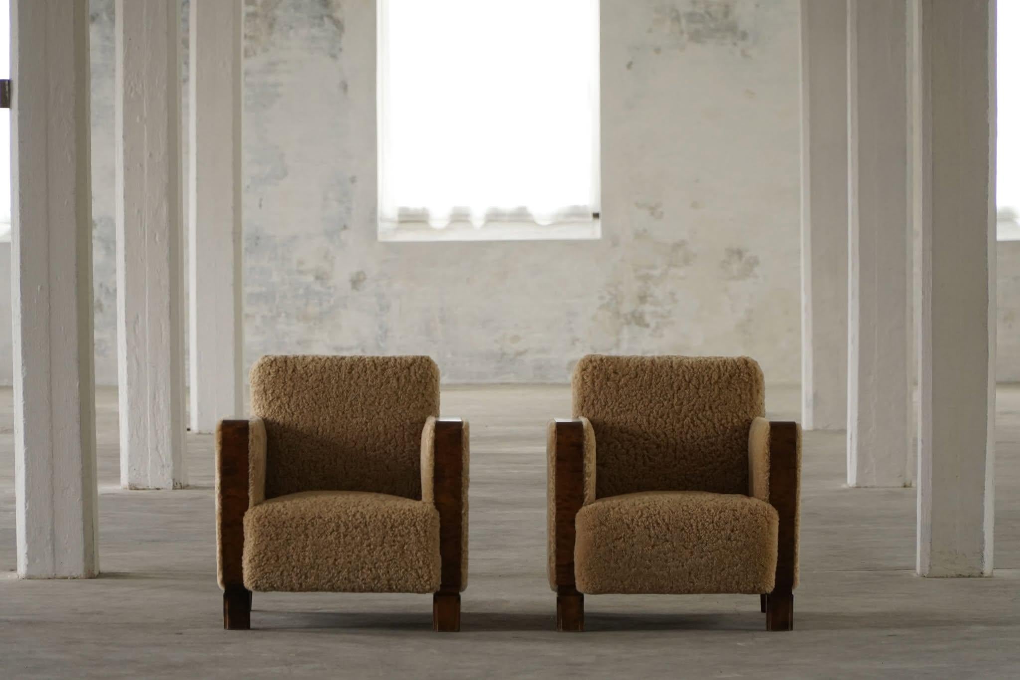 A Pair of Art Deco Lounge Chairs in Birch & Lambswool, Swedish Grace, 1930s 2