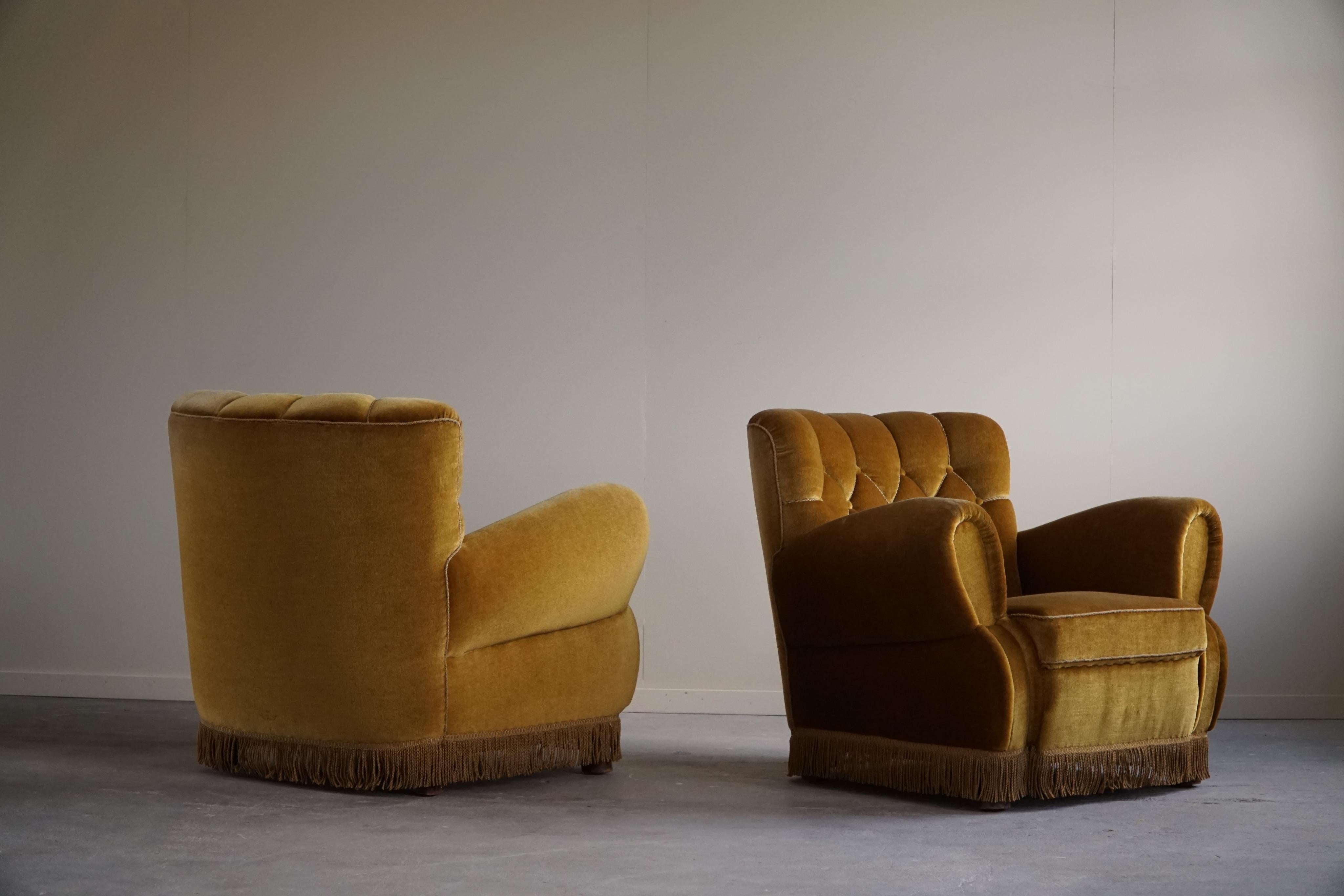 Scandinavian Modern A Pair of Art Deco Lounge Chairs in Yellow Velour, Danish Carbinetmaker, 1940s For Sale