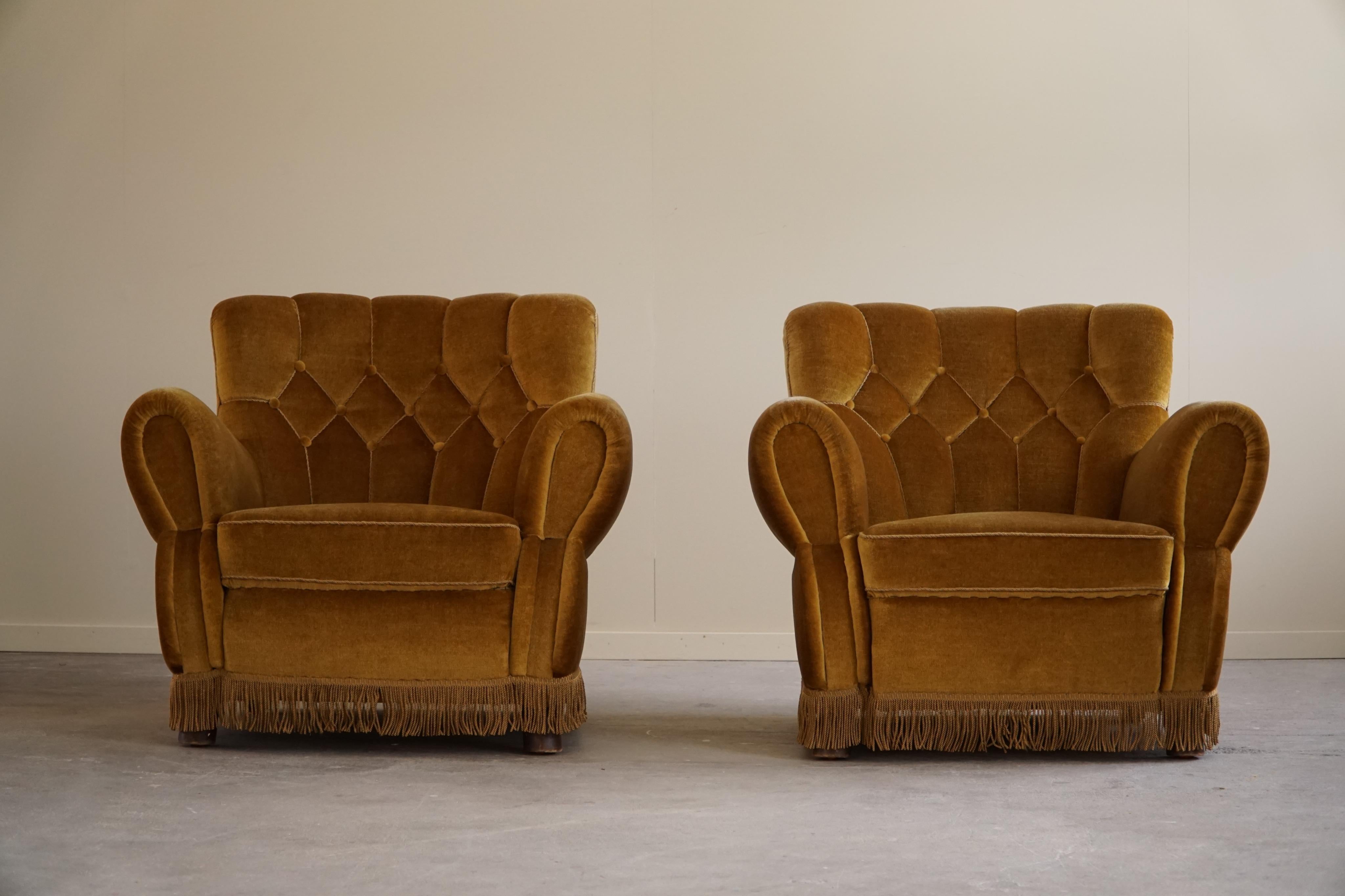 Fabric A Pair of Art Deco Lounge Chairs in Yellow Velour, Danish Carbinetmaker, 1940s For Sale