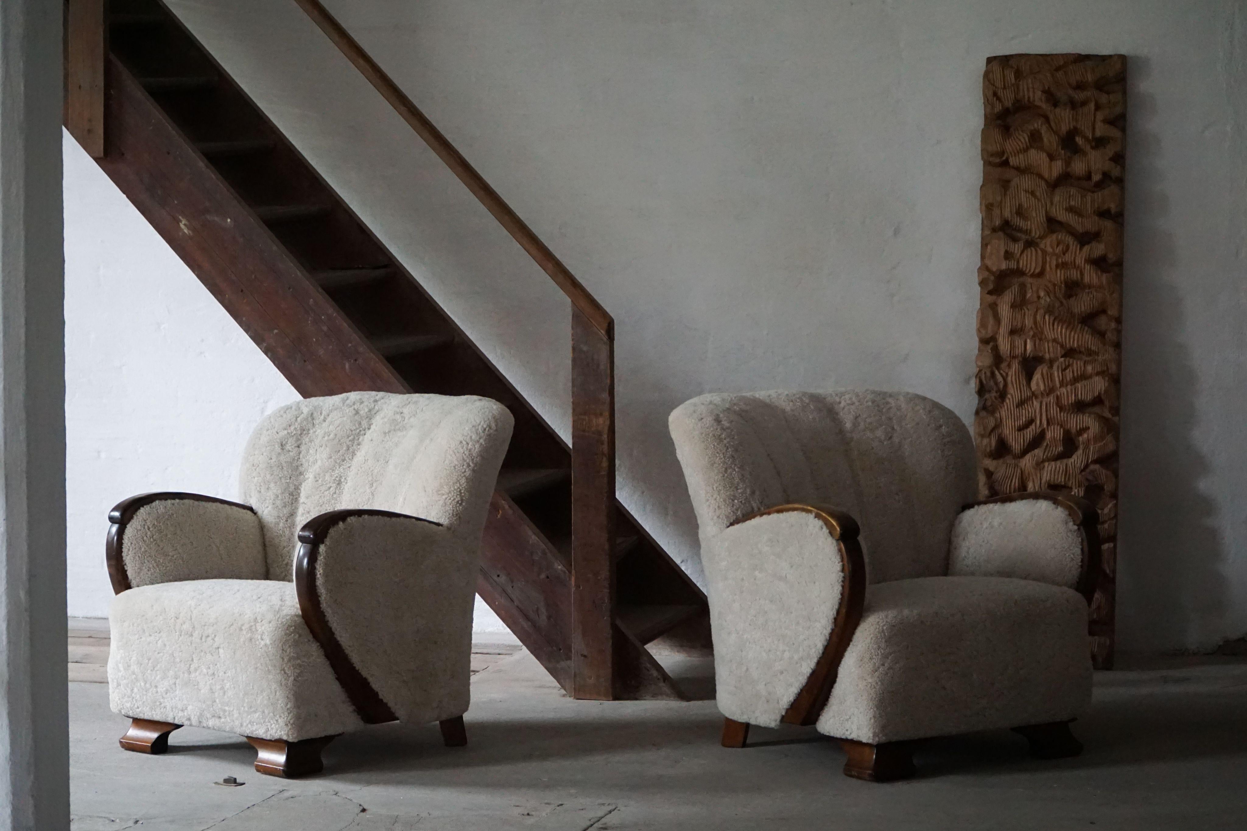 A Pair of Art Deco Lounge Chairs, Lambswool & Birch, Danish Cabinetmaker, 1930s For Sale 4