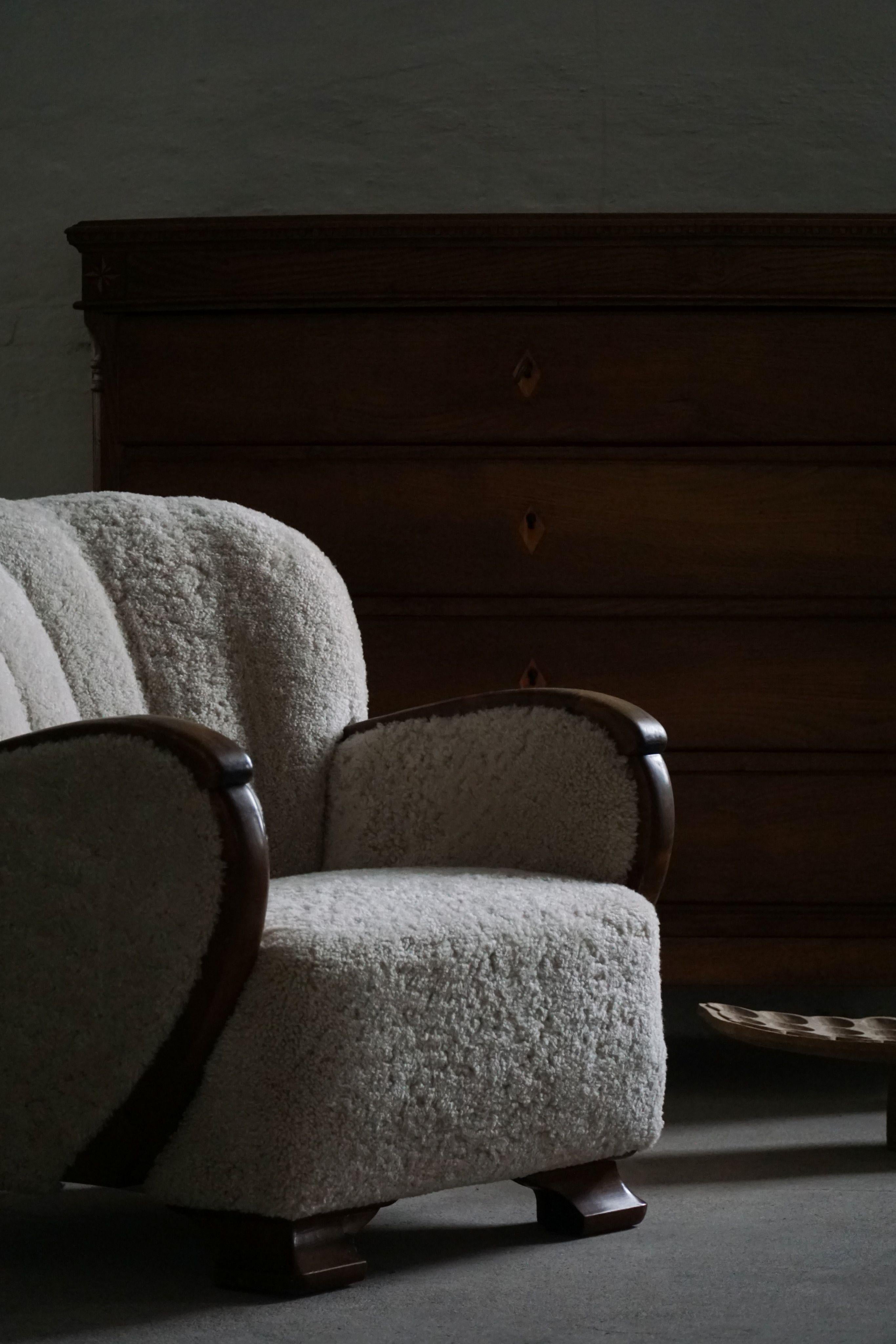 Scandinavian A Pair of Art Deco Lounge Chairs, Lambswool & Birch, Danish Cabinetmaker, 1930s For Sale