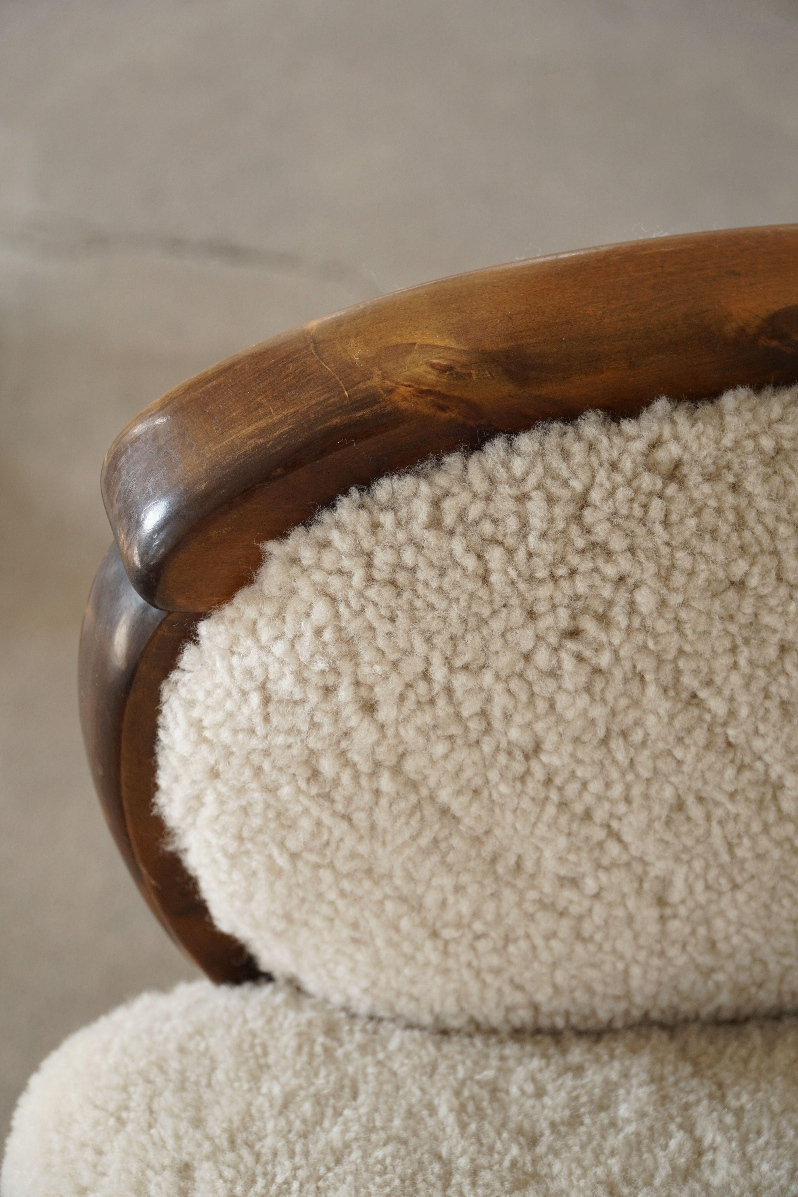 Lambskin A Pair of Art Deco Lounge Chairs, Lambswool & Birch, Danish Cabinetmaker, 1930s For Sale
