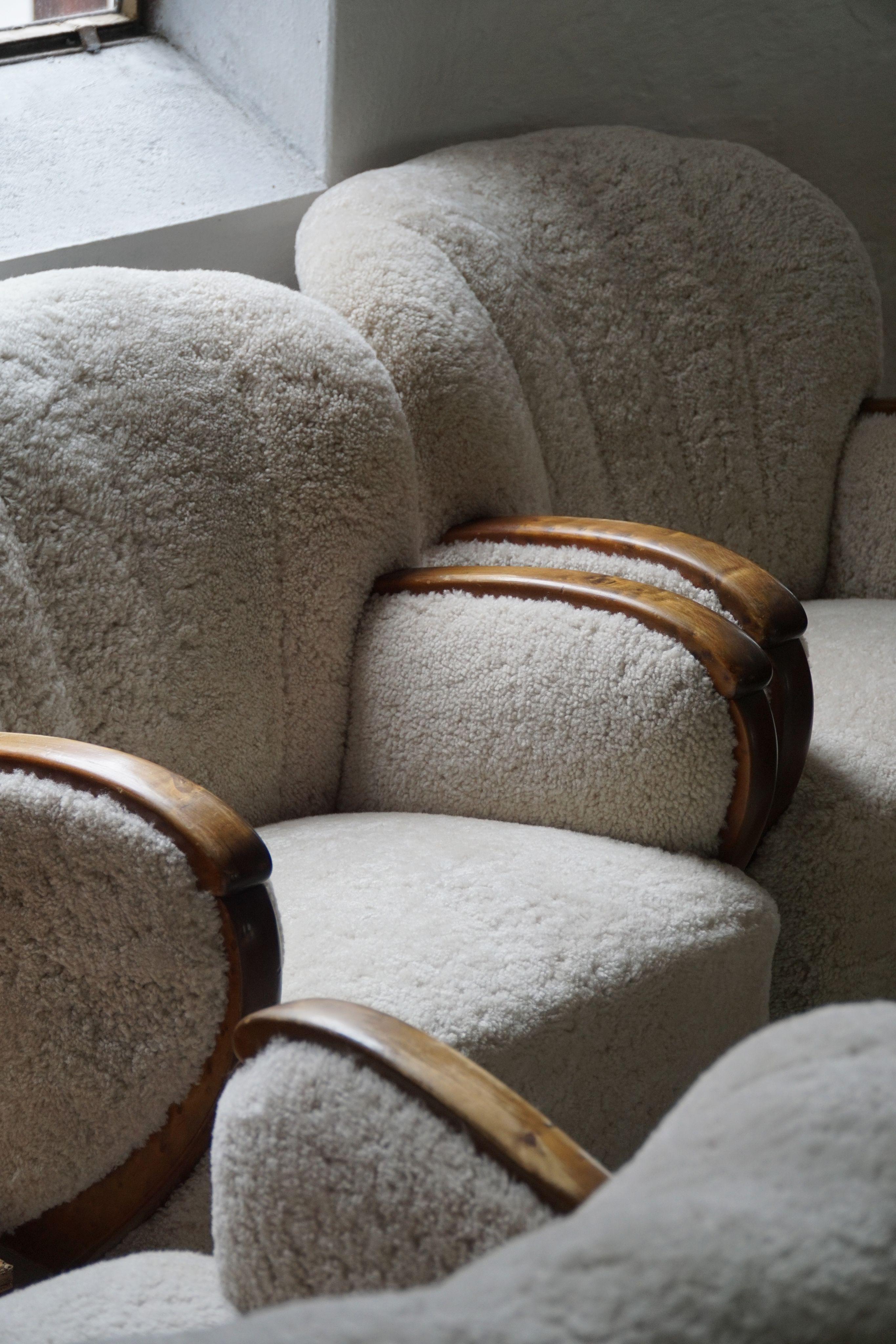 A Pair of Art Deco Lounge Chairs, Lambswool & Birch, Danish Cabinetmaker, 1930s For Sale 2