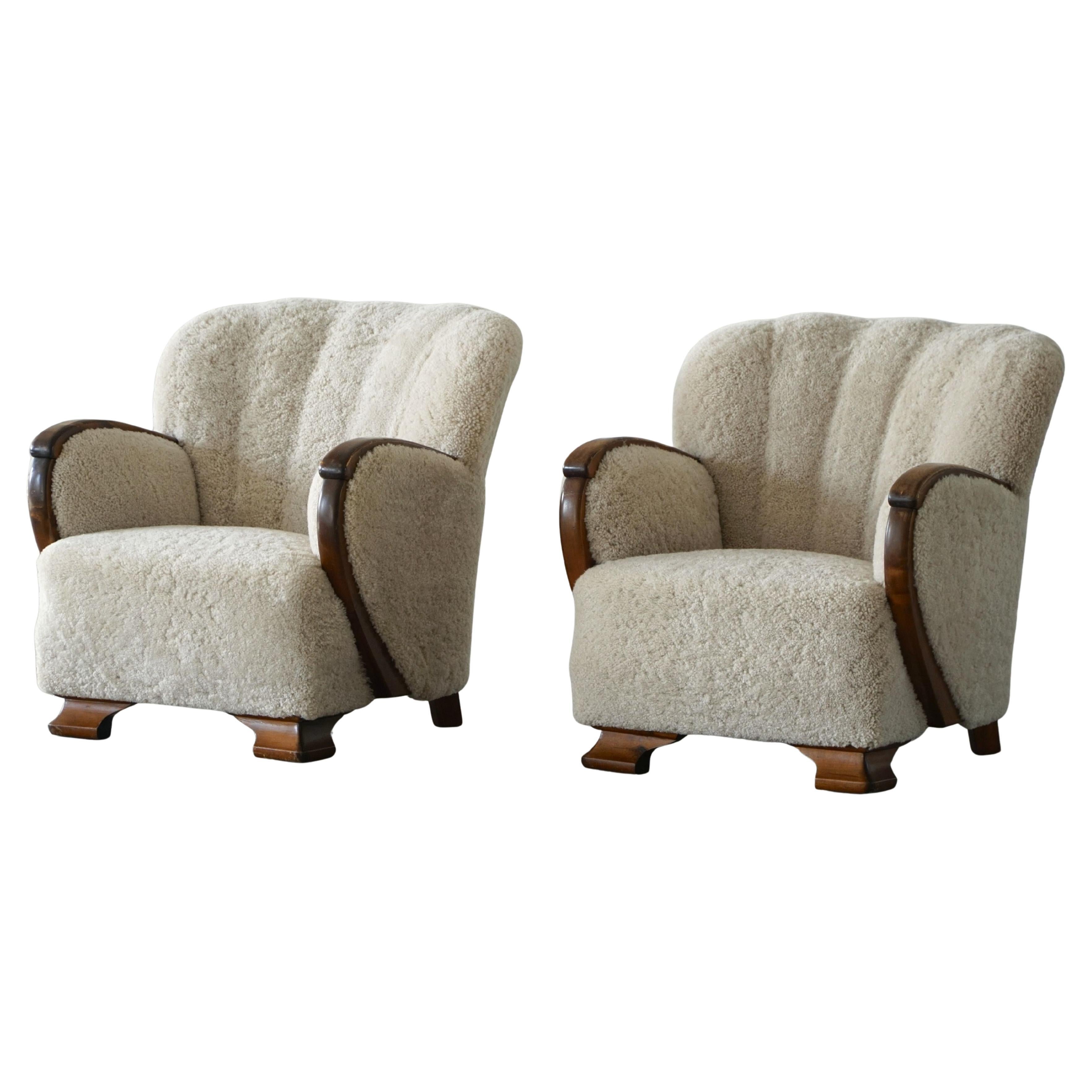 A Pair of Art Deco Lounge Chairs, Lambswool & Birch, Danish Cabinetmaker, 1930s For Sale