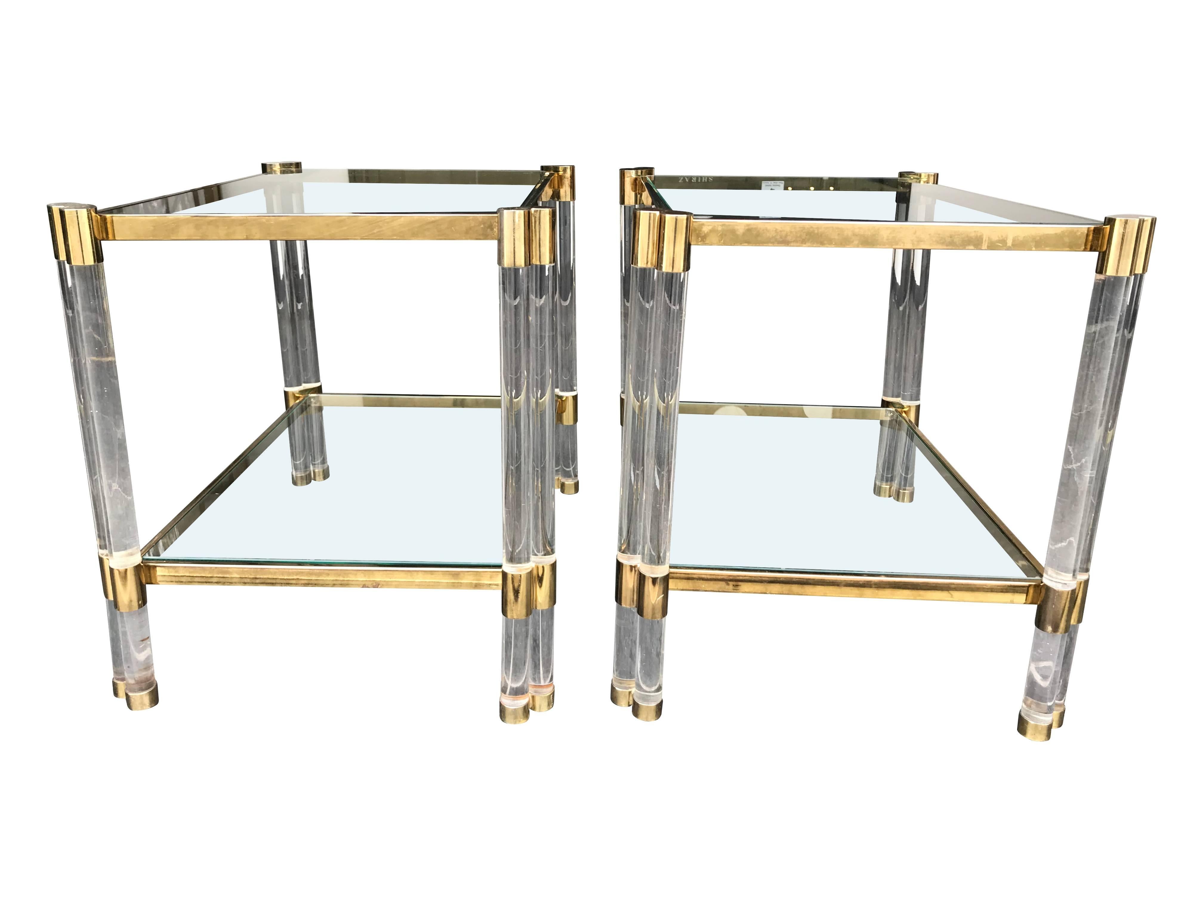 Mid-Century Modern Pair of Art Deco Lucite and Gilt Metal Side Tables