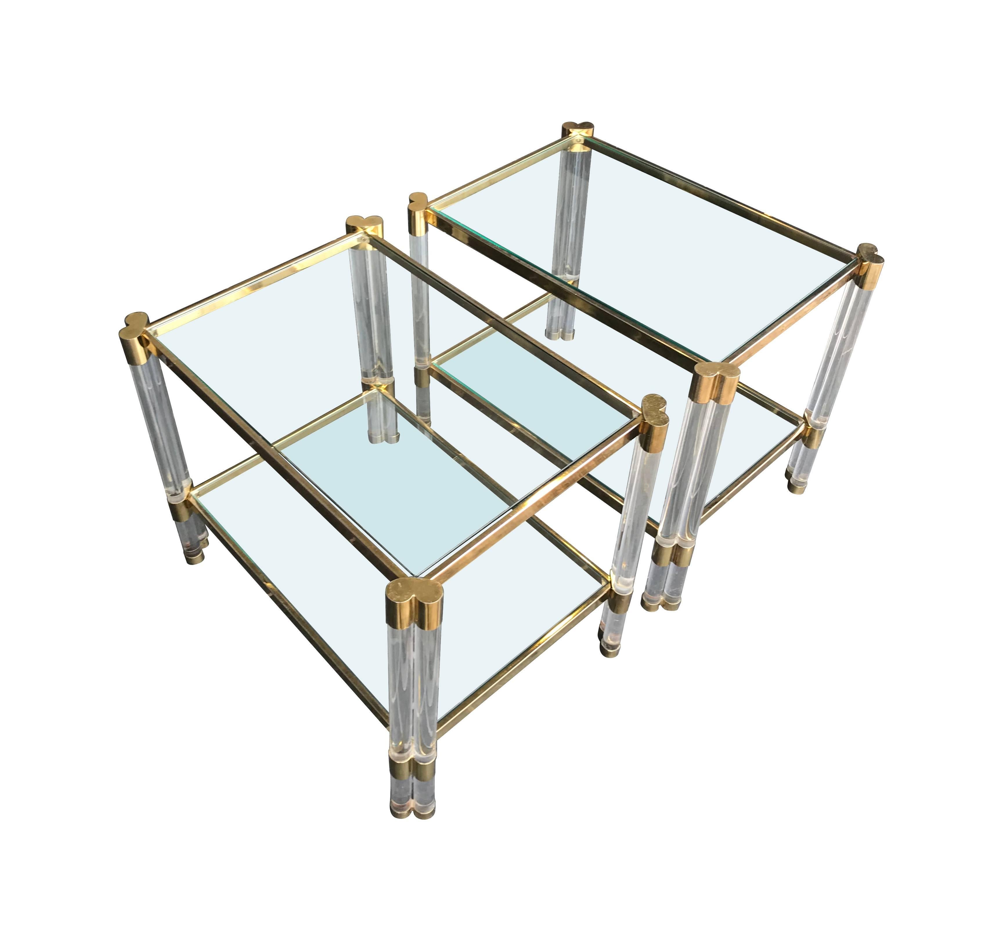 French Pair of Art Deco Lucite and Gilt Metal Side Tables