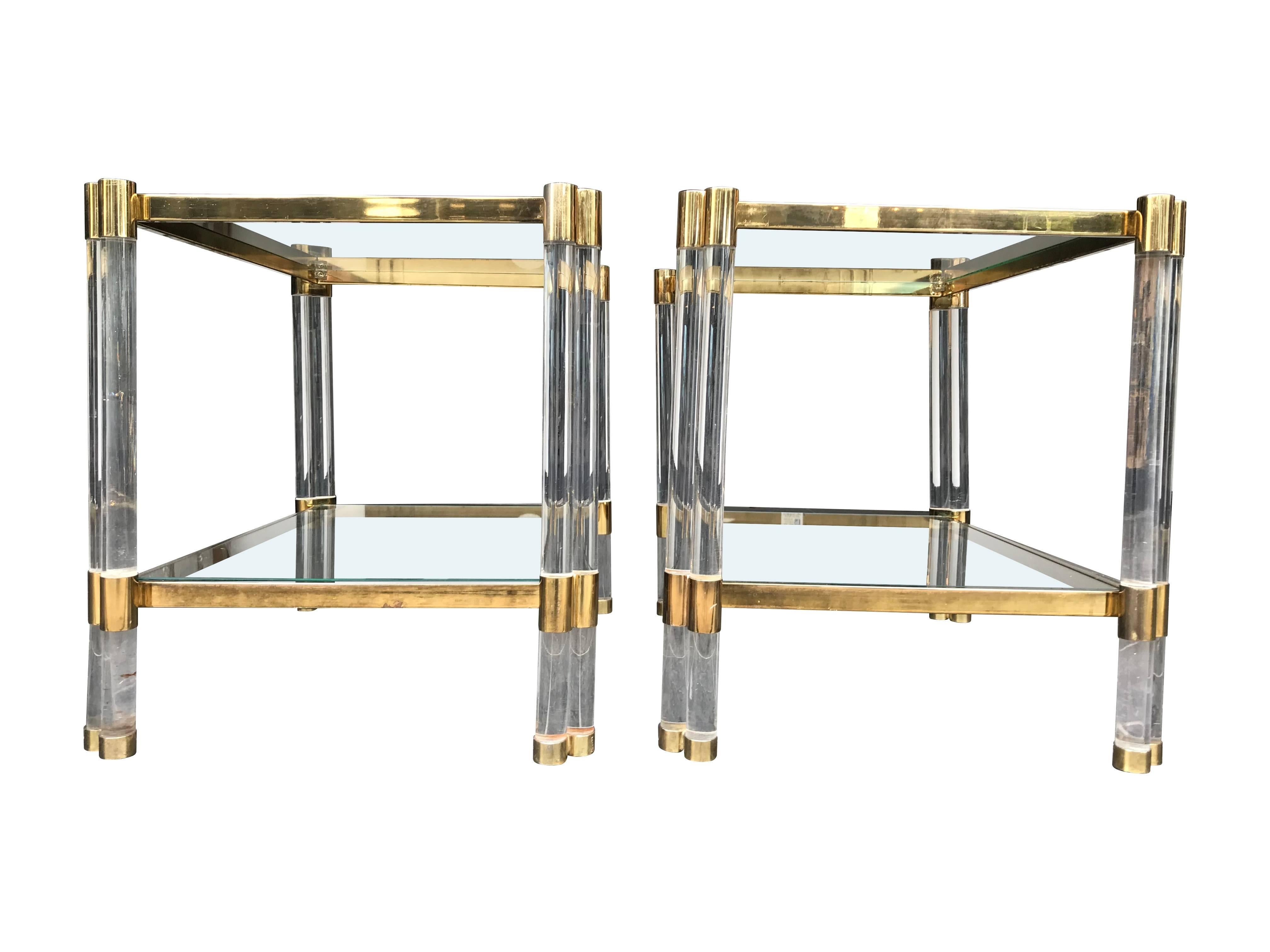 Mid-20th Century Pair of Art Deco Lucite and Gilt Metal Side Tables