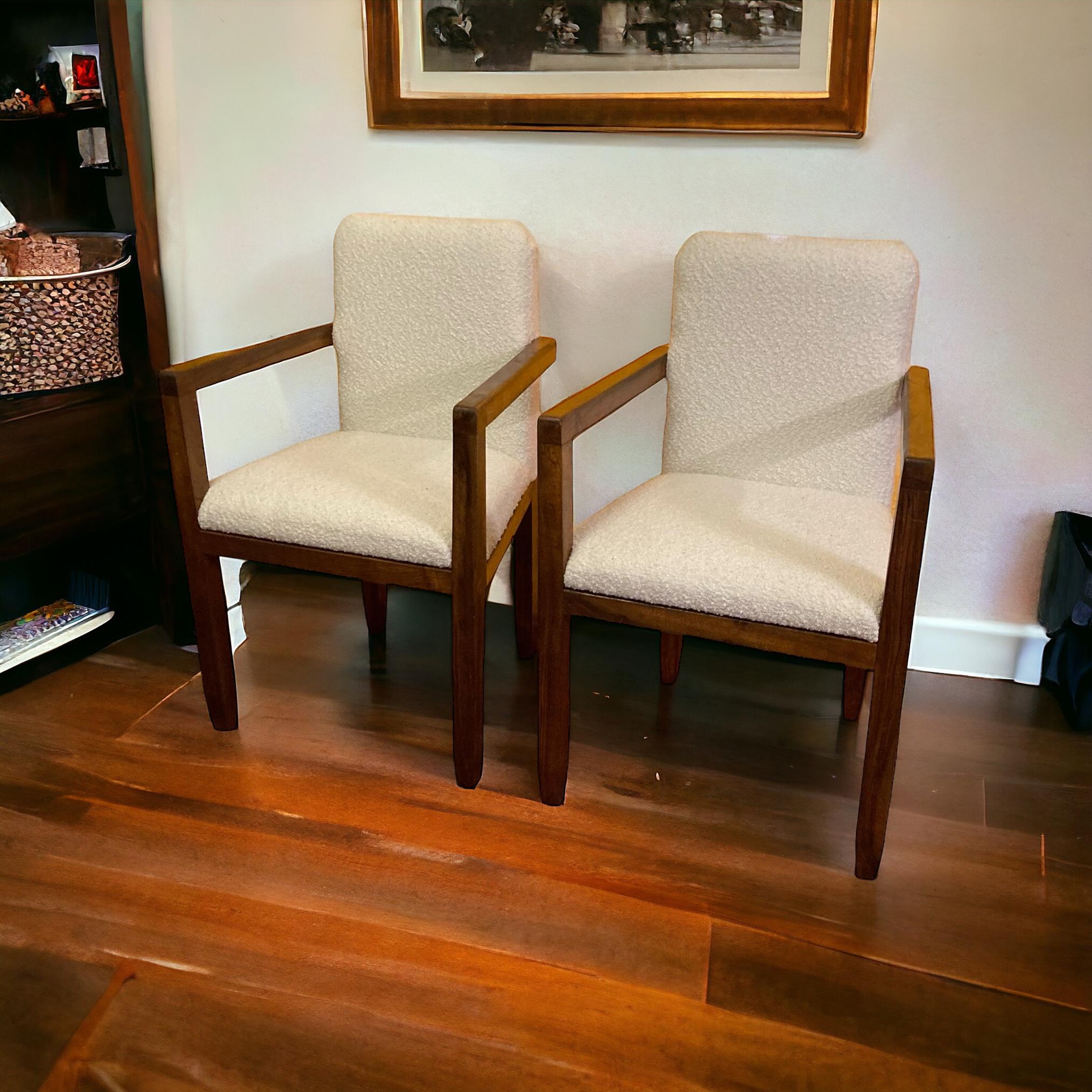 A Pair of Art Deco Mahogany framed Armchairs, White Boucle Upholstery 1920's For Sale 10