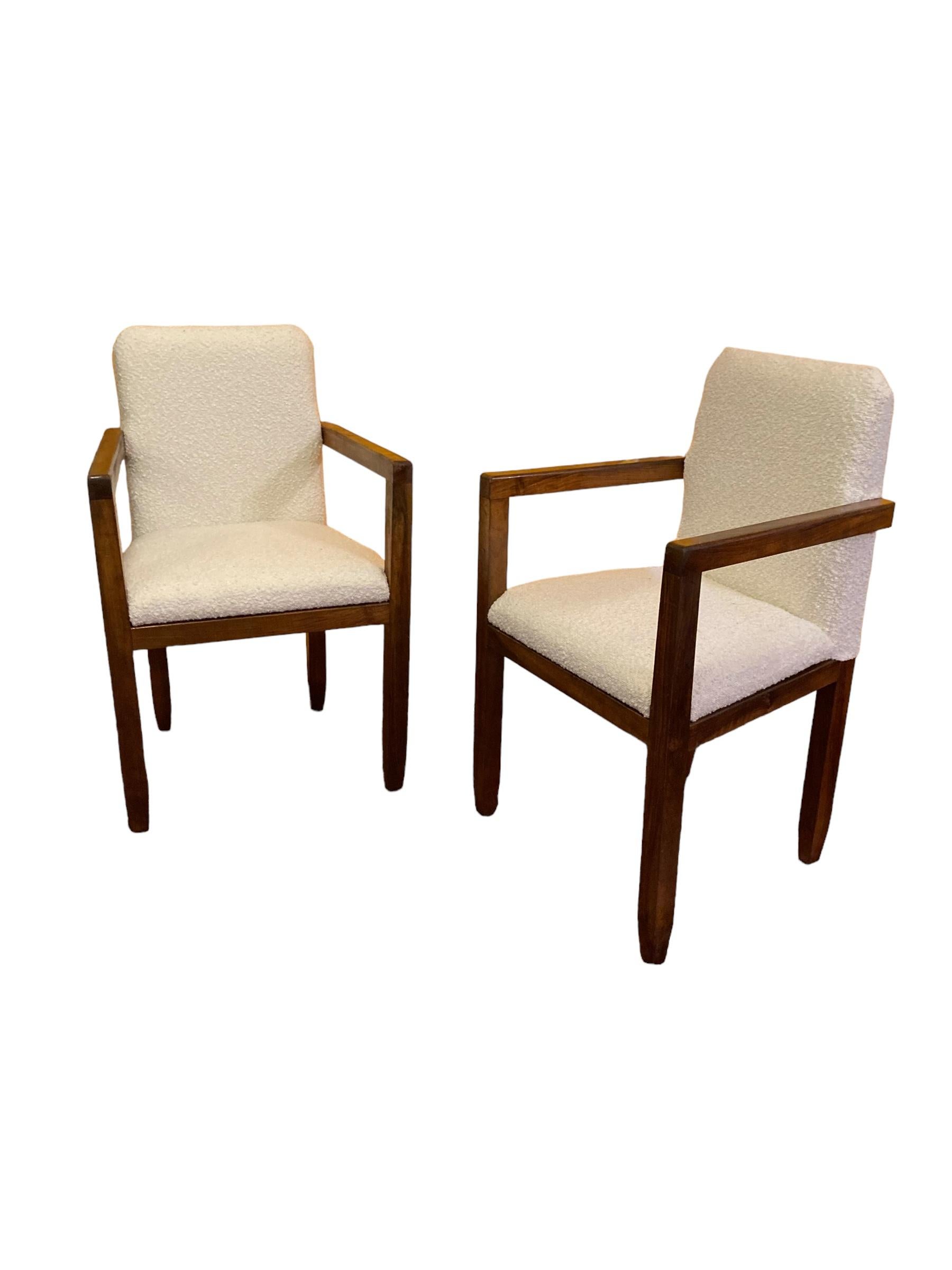 British A Pair of Art Deco Mahogany framed Armchairs, White Boucle Upholstery 1920's For Sale