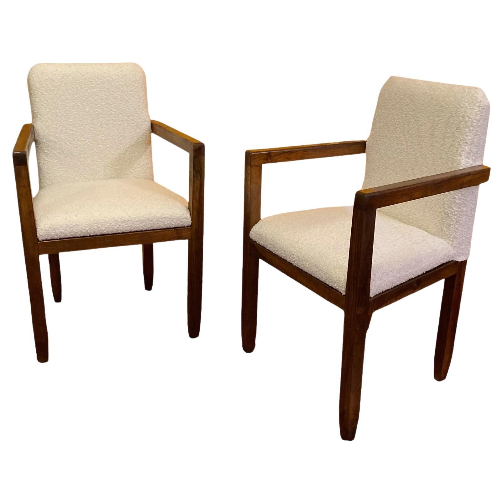 A Pair of Art Deco Mahogany framed Armchairs, White Boucle Upholstery 1920's For Sale