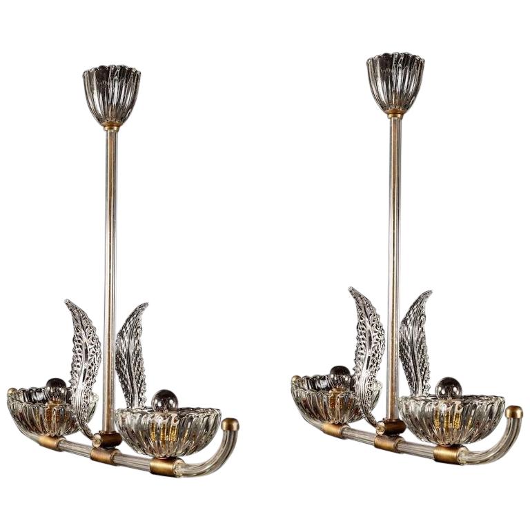 COPPIA di pendenti o lanterne in vetro di Murano e ottone Art Deco  da Barovier