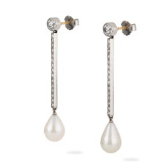 Pair of Art Deco Natural Pearl and Diamond Drop Earrings