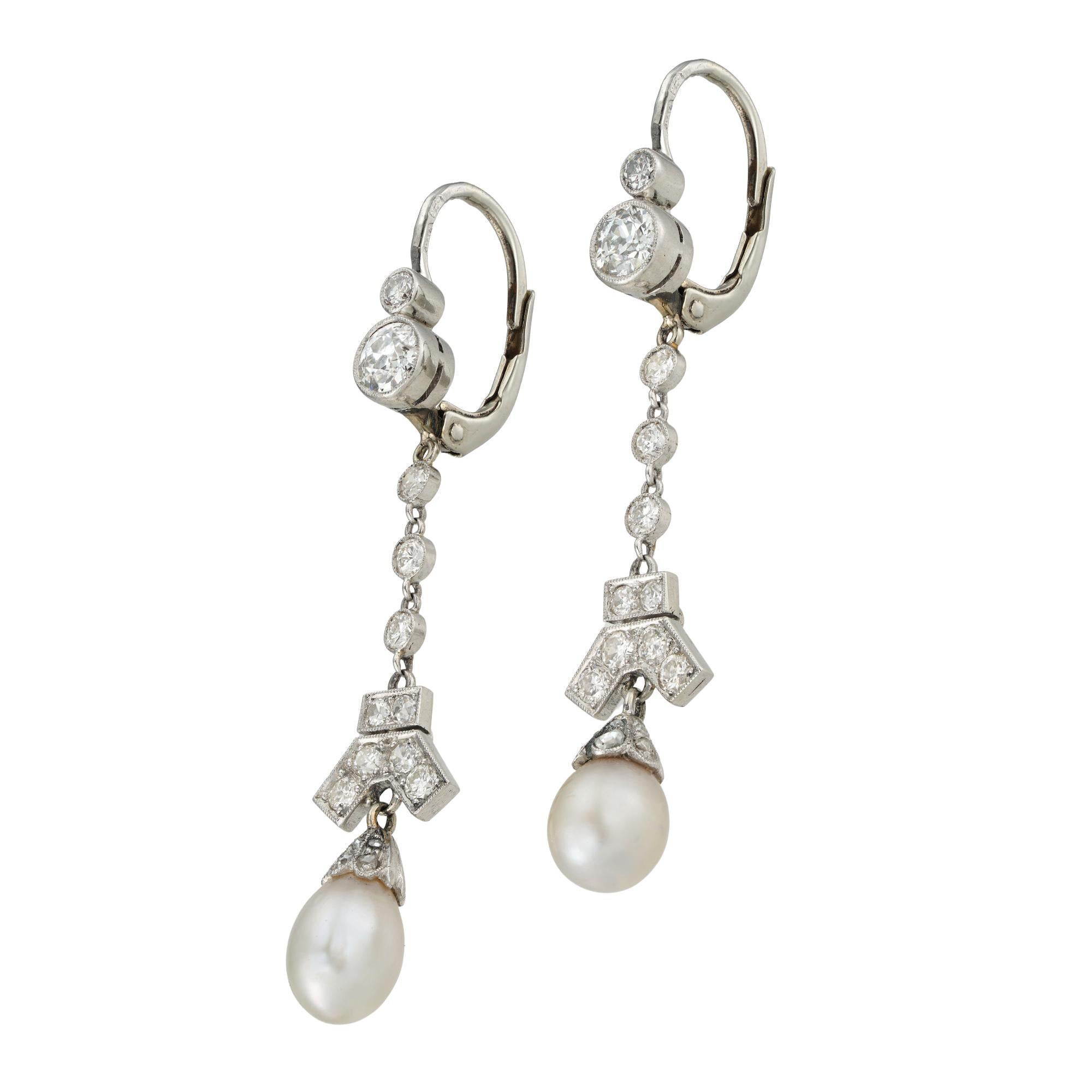 A Pair Of Art Deco Natural Pearl And Diamond Drop Earrings In Good Condition In London, GB