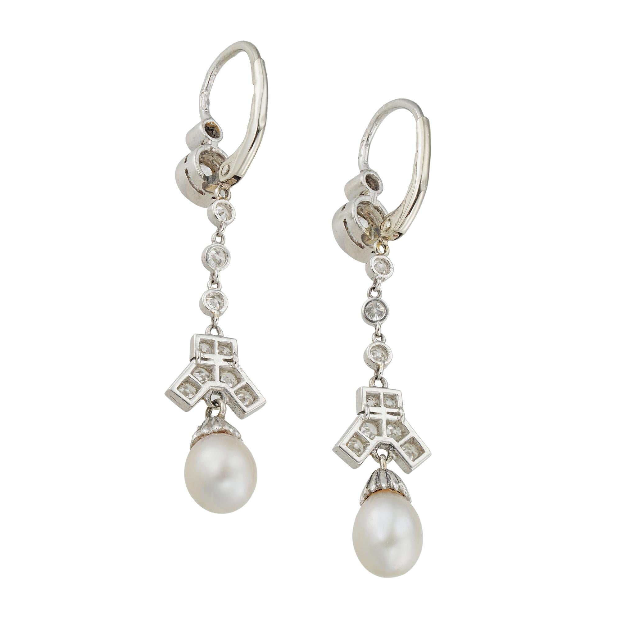 Women's or Men's A Pair Of Art Deco Natural Pearl And Diamond Drop Earrings