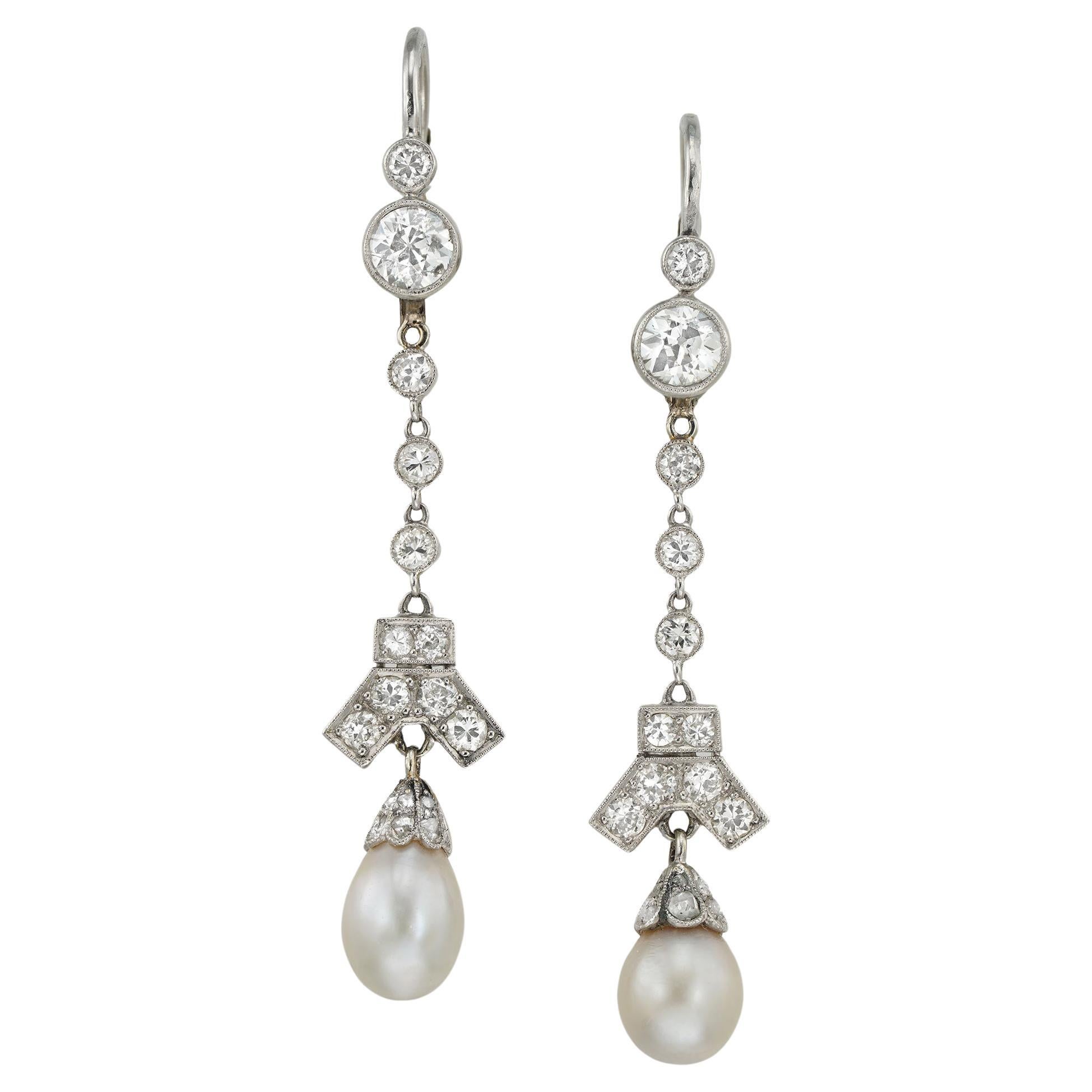 A Pair Of Art Deco Natural Pearl And Diamond Drop Earrings