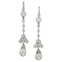 Antique A Pair Of Art Deco Natural Pearl And Diamond Drop Earrings