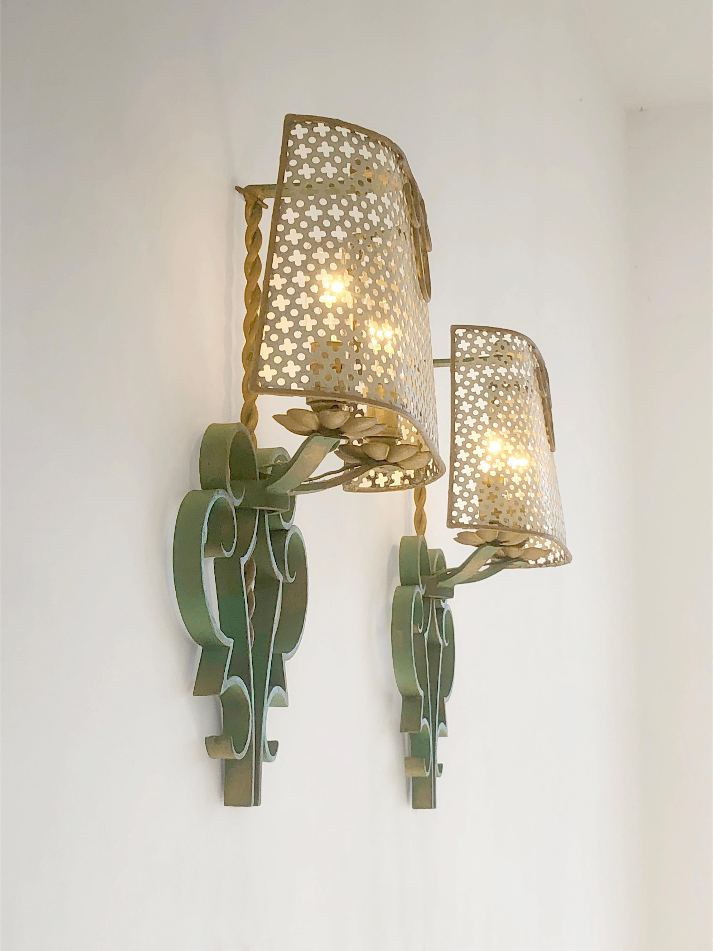 A Pair of ART-DECO NEOCLASSICAL Wall LAMPS Sconces in MATEGOT Style France 1940 In Fair Condition In PARIS, FR