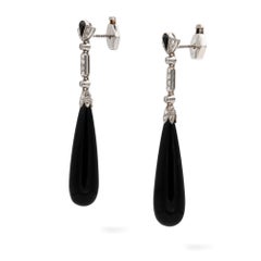 Pair of Art-Deco Onyx and Diamond Drop Earrings