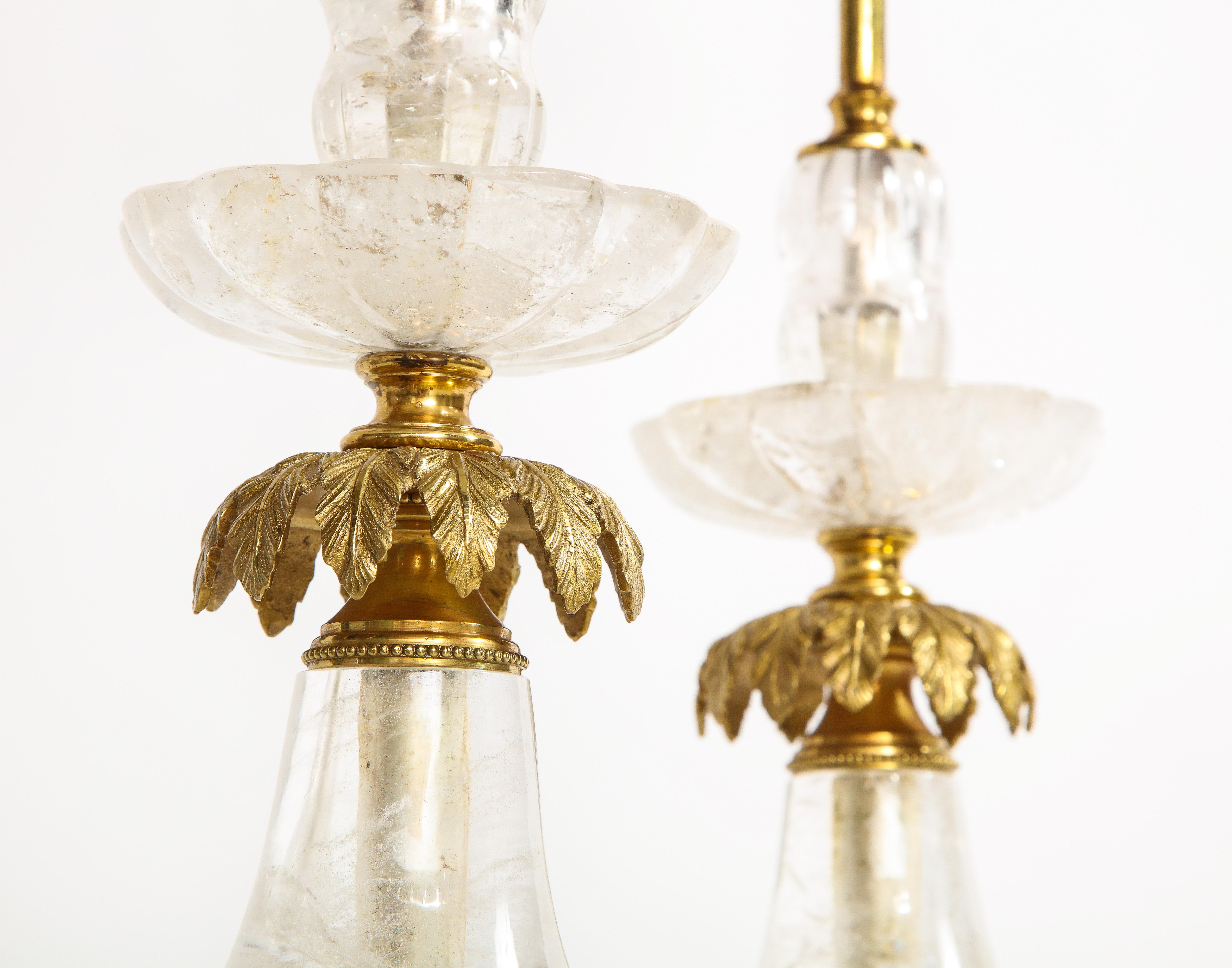 Pair of Art Deco Ormolu Mounted Palm Tree Form Rock Crystal Quartz Lamps For Sale 3