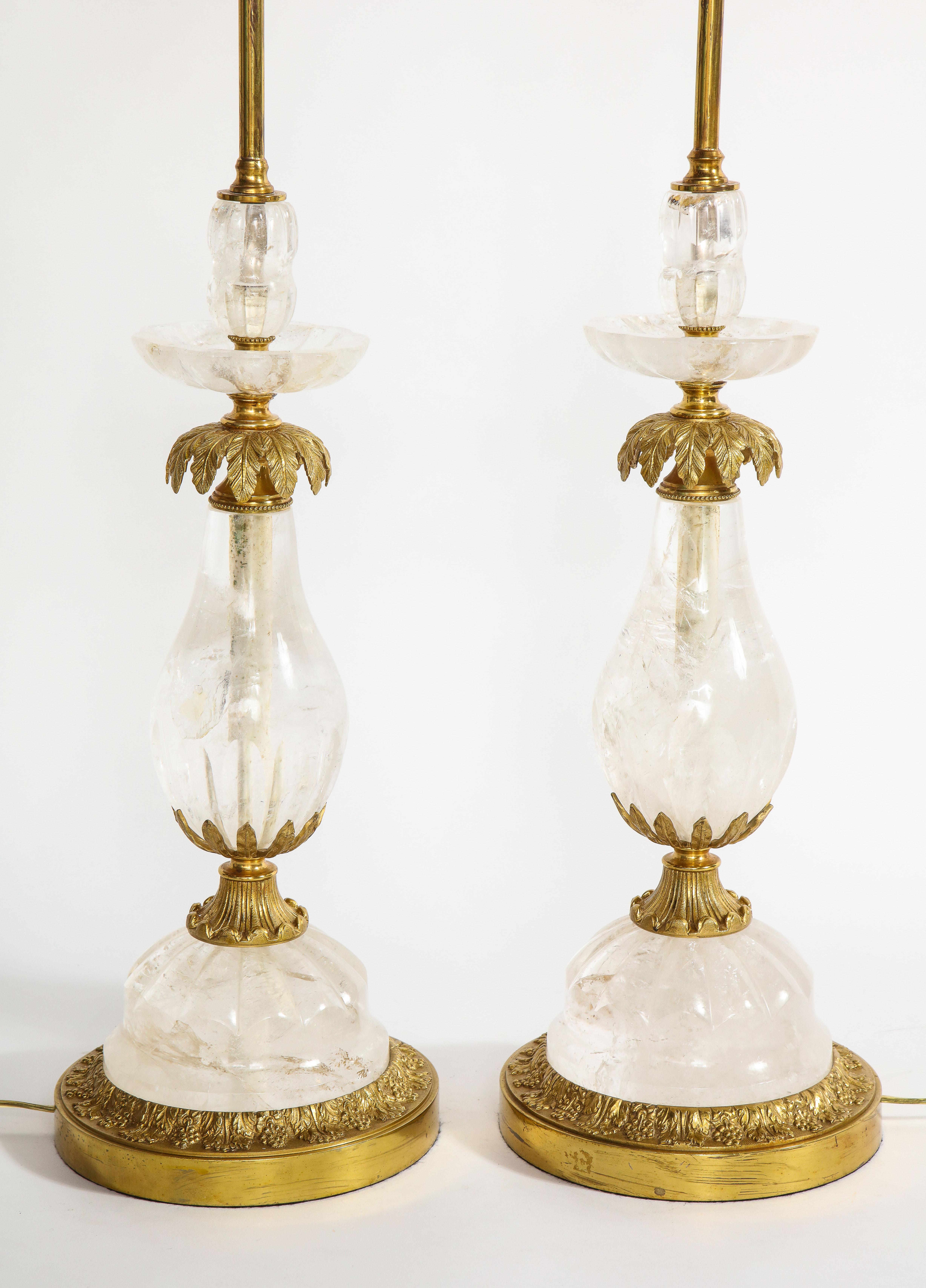 Pair of Art Deco Ormolu Mounted Palm Tree Form Rock Crystal Quartz Lamps For Sale 4