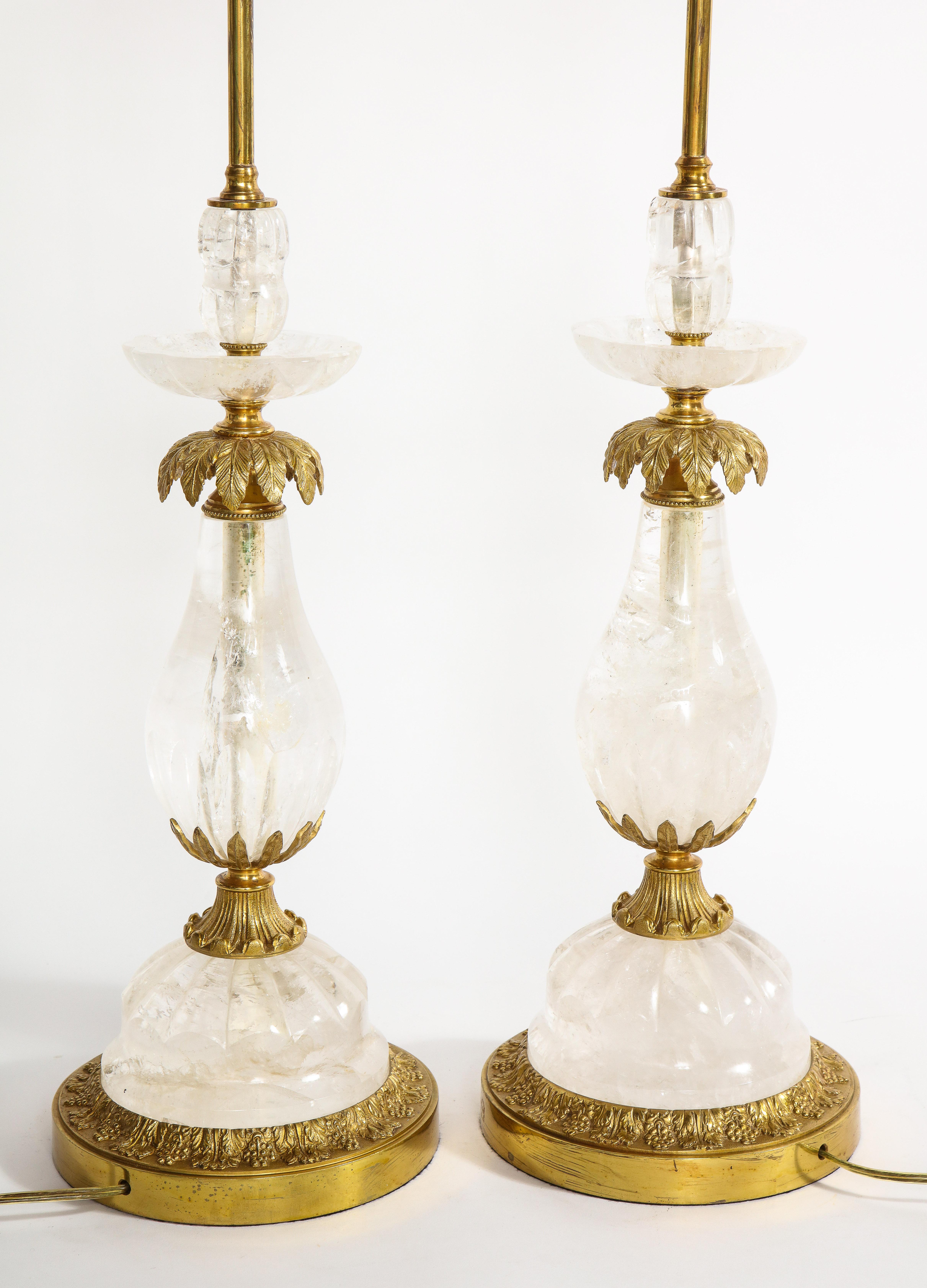 Pair of Art Deco Ormolu Mounted Palm Tree Form Rock Crystal Quartz Lamps For Sale 6