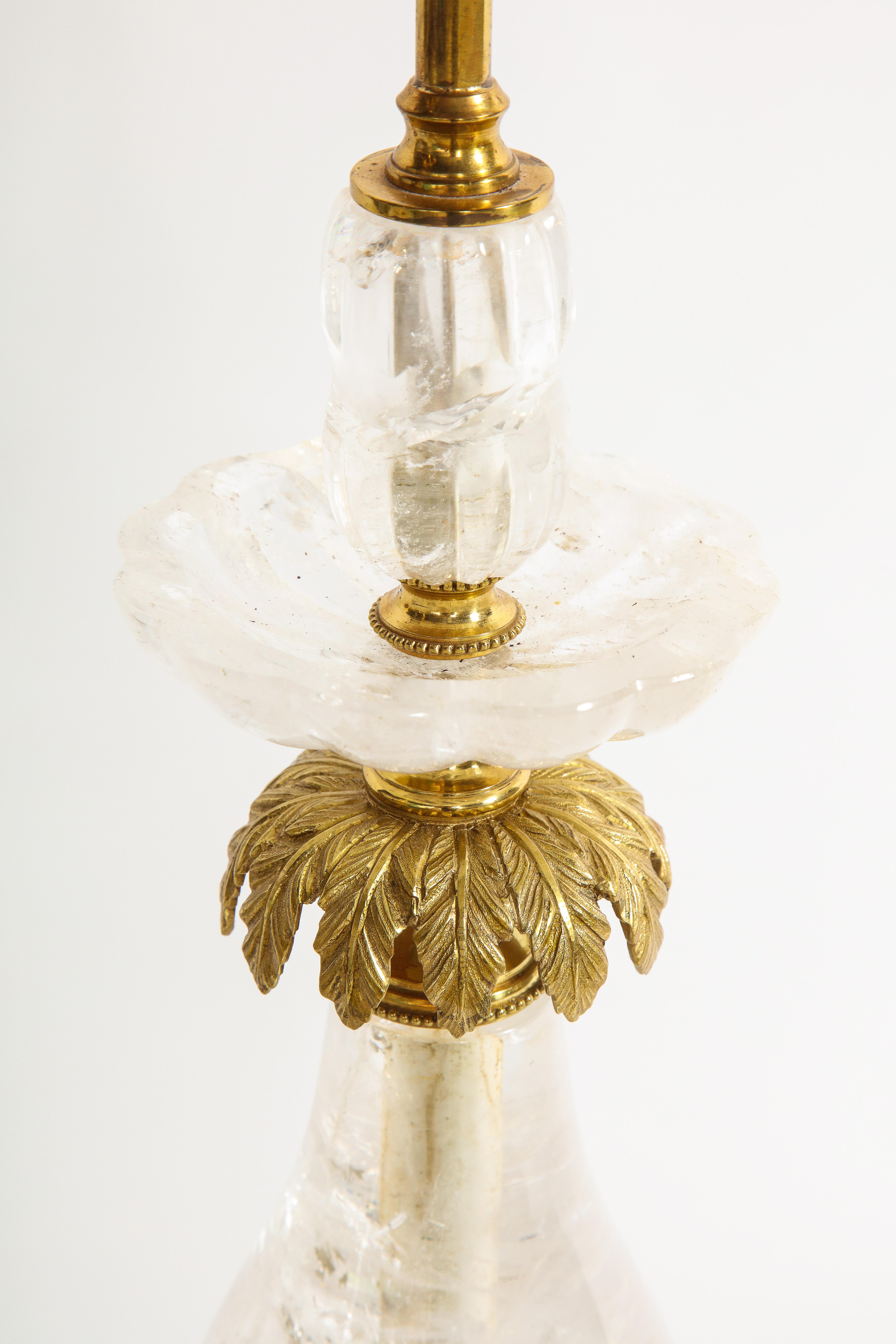 Pair of Art Deco Ormolu Mounted Palm Tree Form Rock Crystal Quartz Lamps For Sale 8