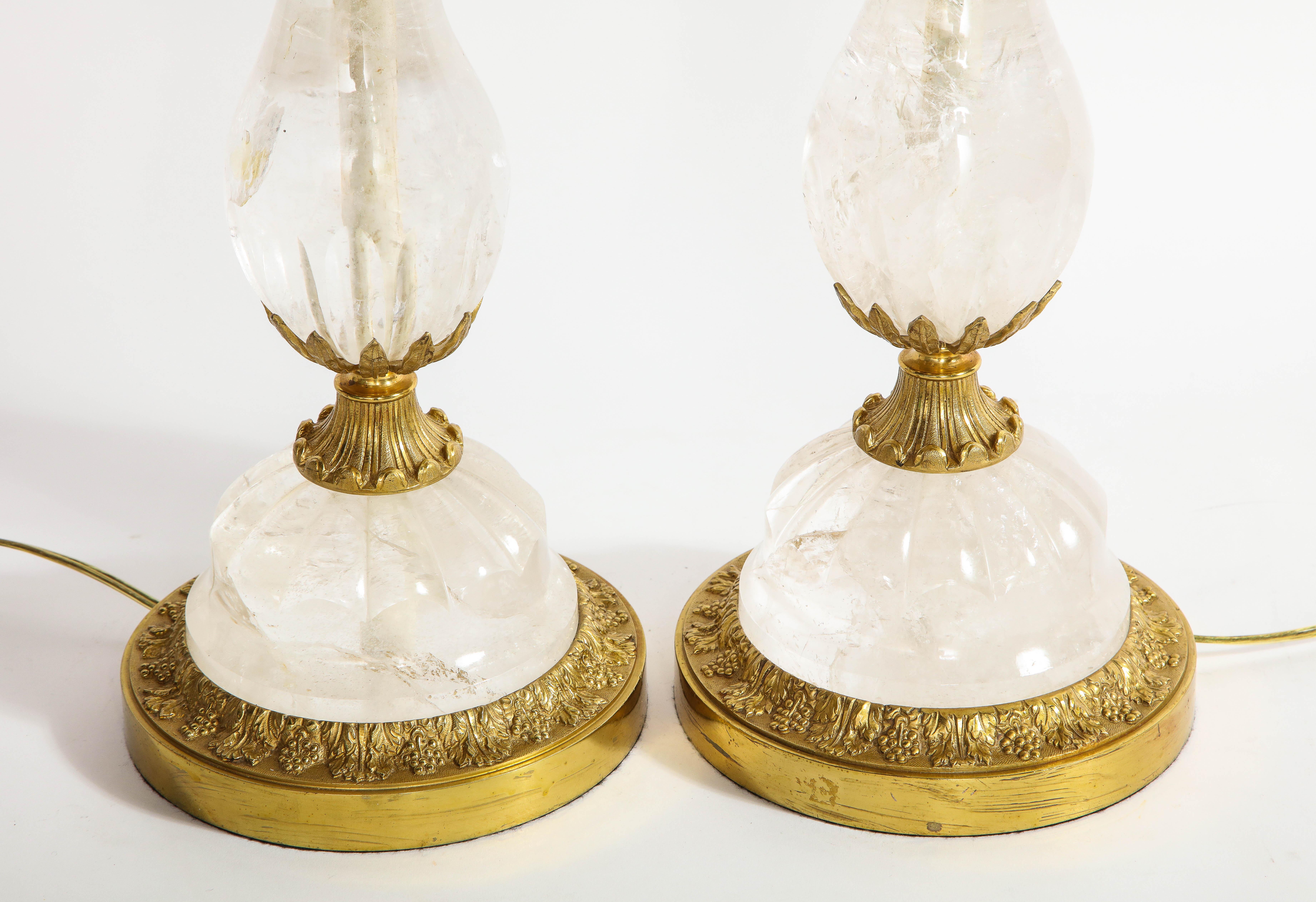 Pair of Art Deco Ormolu Mounted Palm Tree Form Rock Crystal Quartz Lamps For Sale 8