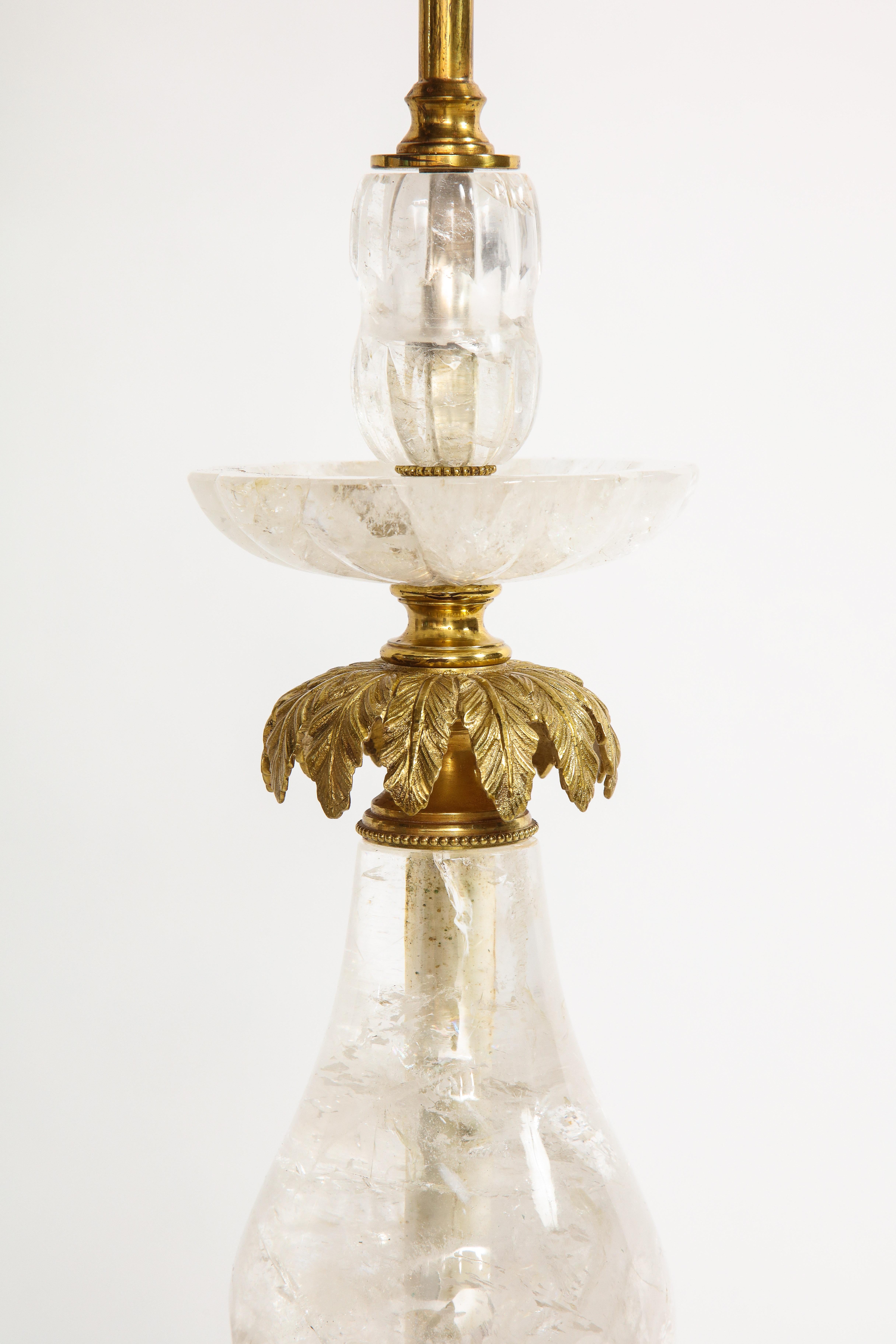 Hand-Carved Pair of Art Deco Ormolu Mounted Palm Tree Form Rock Crystal Quartz Lamps For Sale