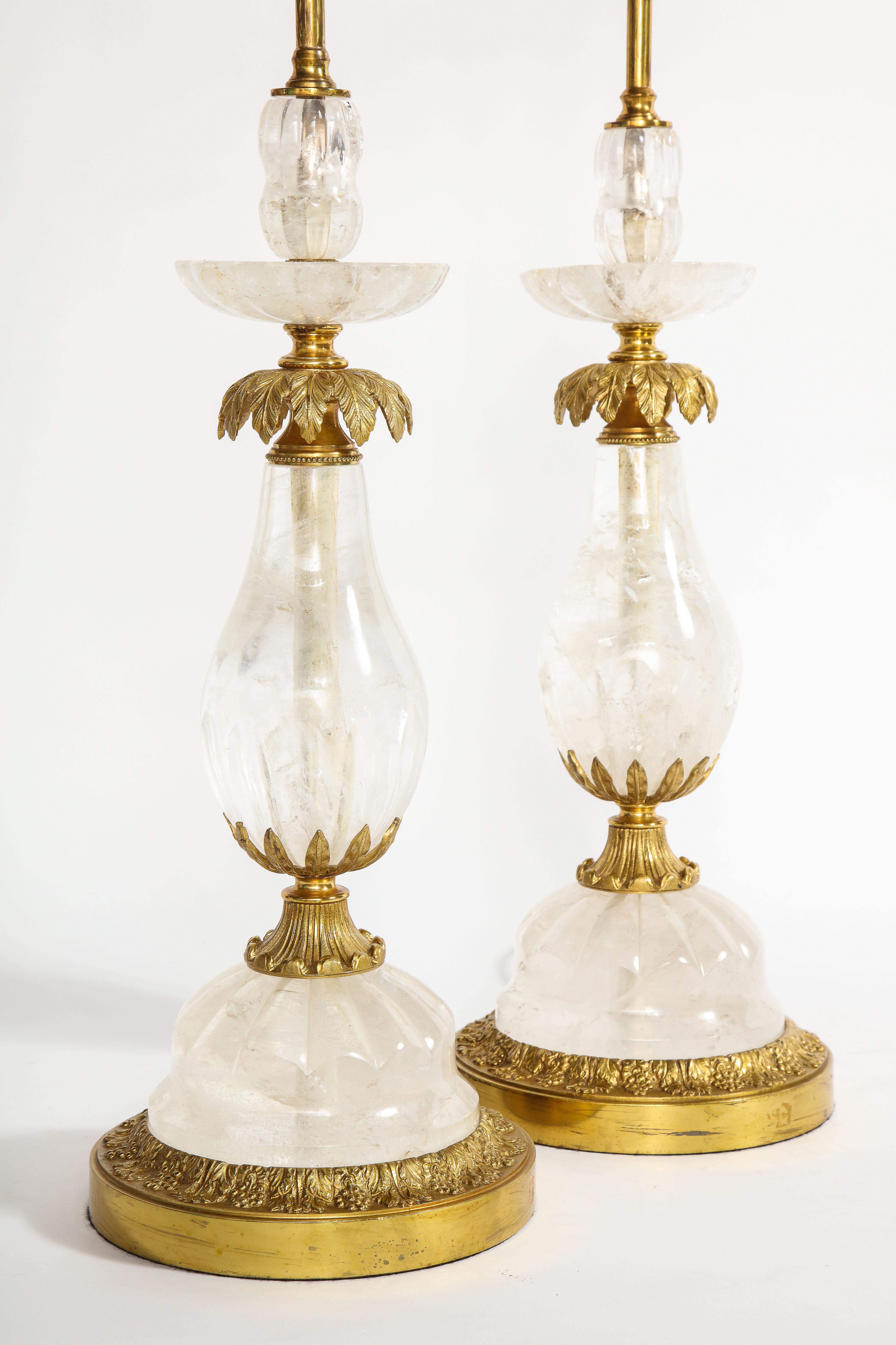 Early 20th Century Pair of Art Deco Ormolu Mounted Palm Tree Form Rock Crystal Quartz Lamps For Sale