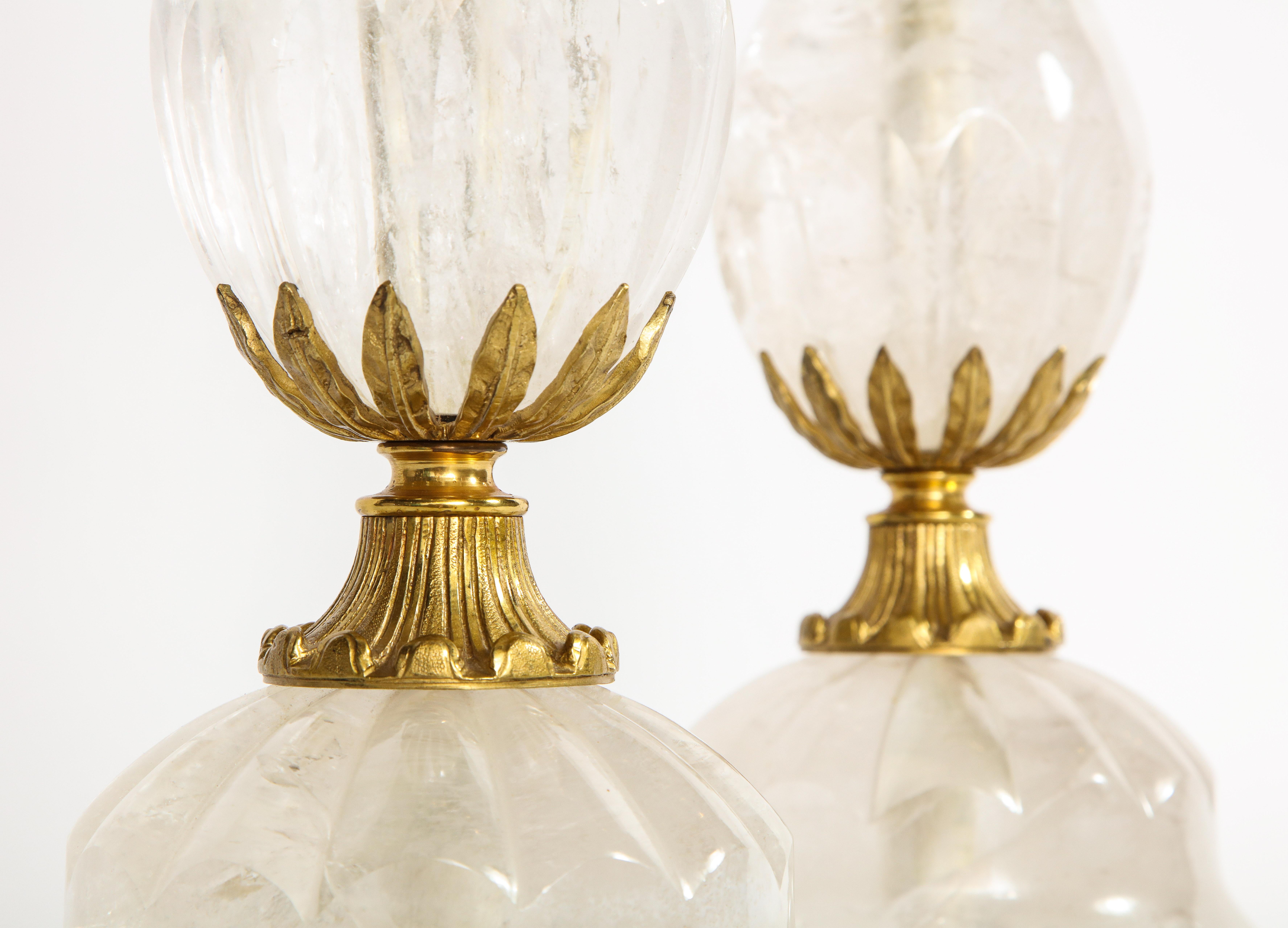 Pair of Art Deco Ormolu Mounted Palm Tree Form Rock Crystal Quartz Lamps For Sale 2