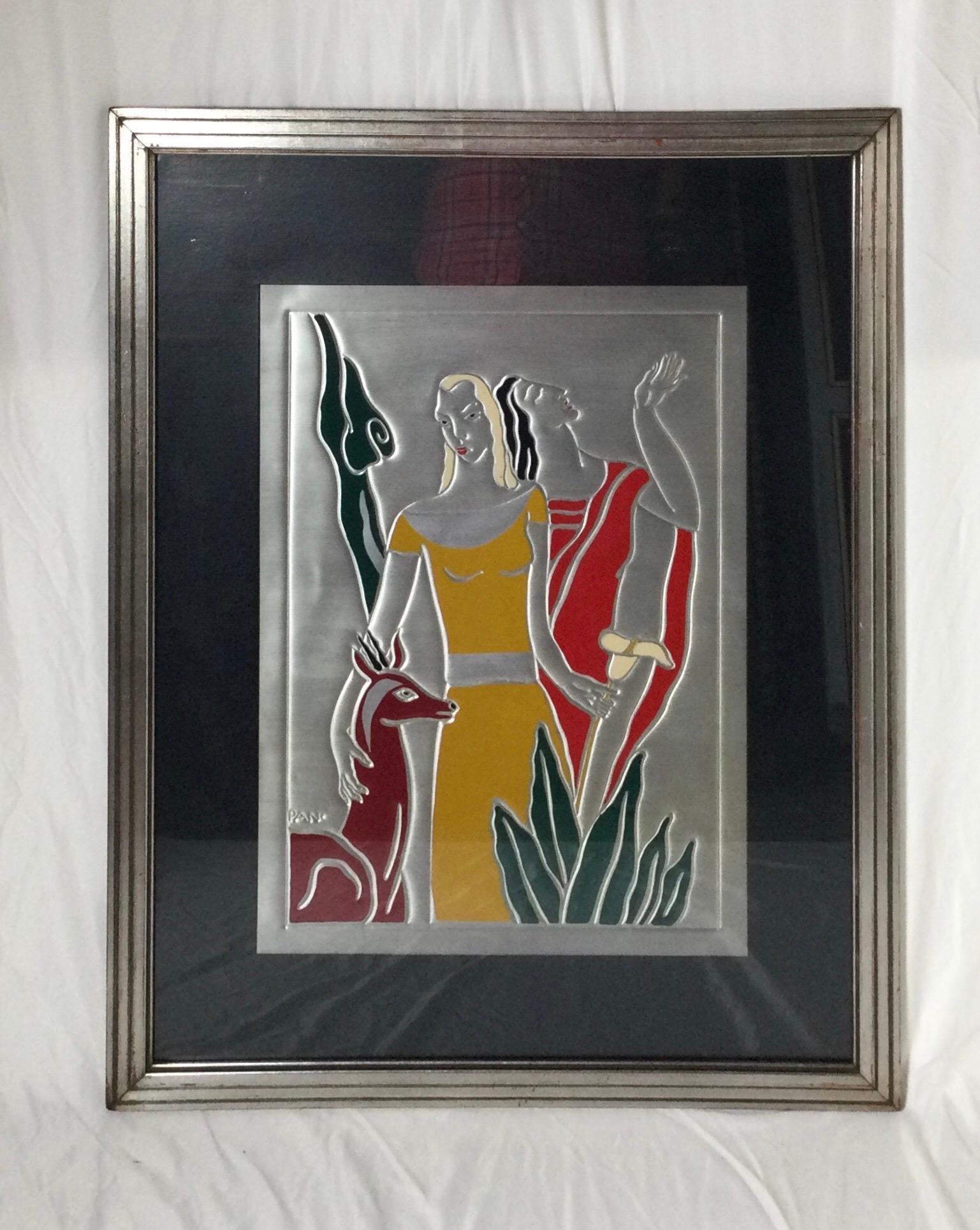 A pair of French Art Deco metallic embosses and painted wall art with silver leaf frames. High style and very chic art deco depictions signed PAN on bottom left.