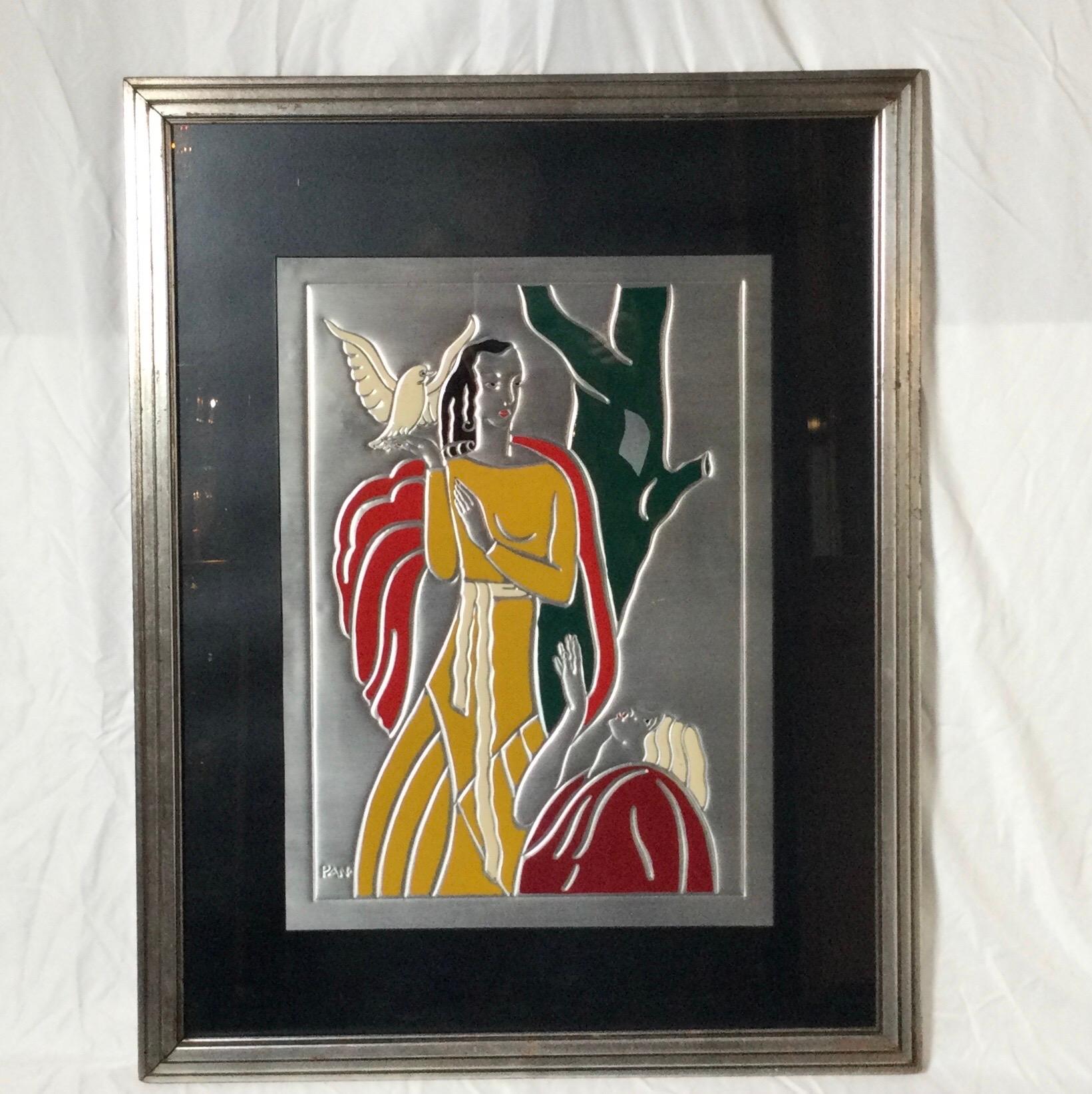 Hand-Painted Pair of Art Deco Period Framed Embossed Metallic Painted Art For Sale